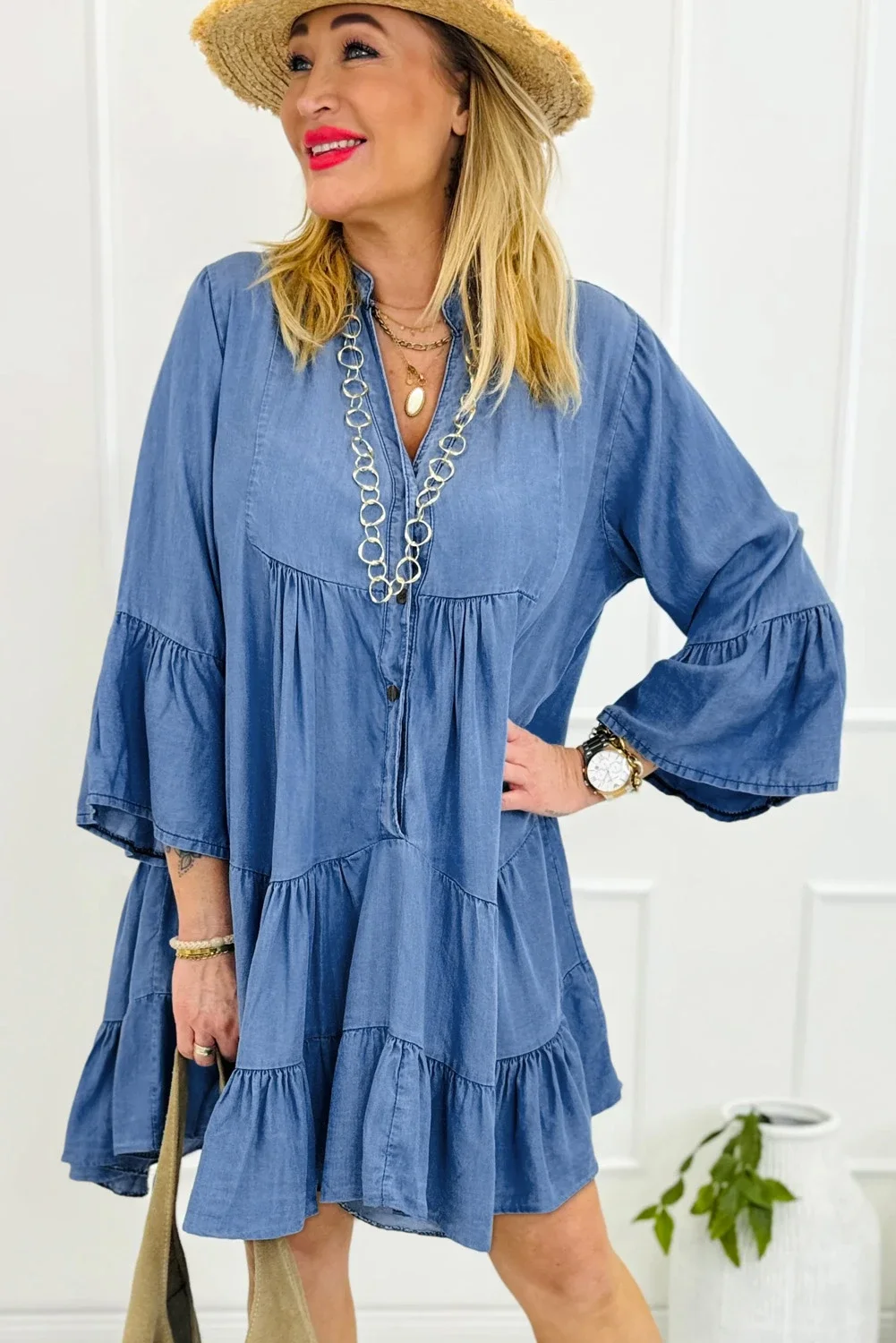 Aliza Sky Blue Chambray Ruffled 3/4 Sleeve Tiered Split V Neck Mini Dress