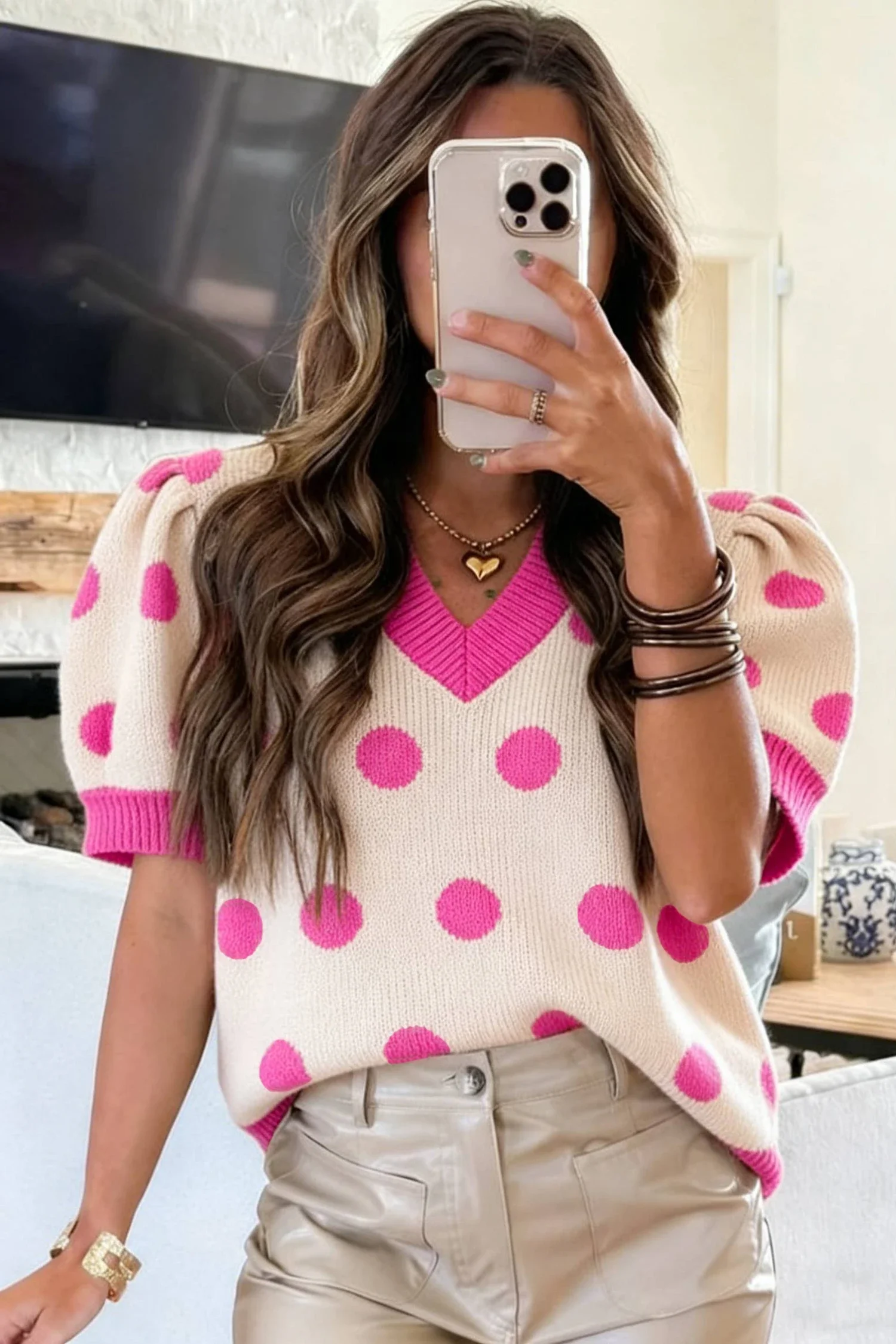 Lauri Pink Polka Dot Puff Short Sleeve Sweater Top