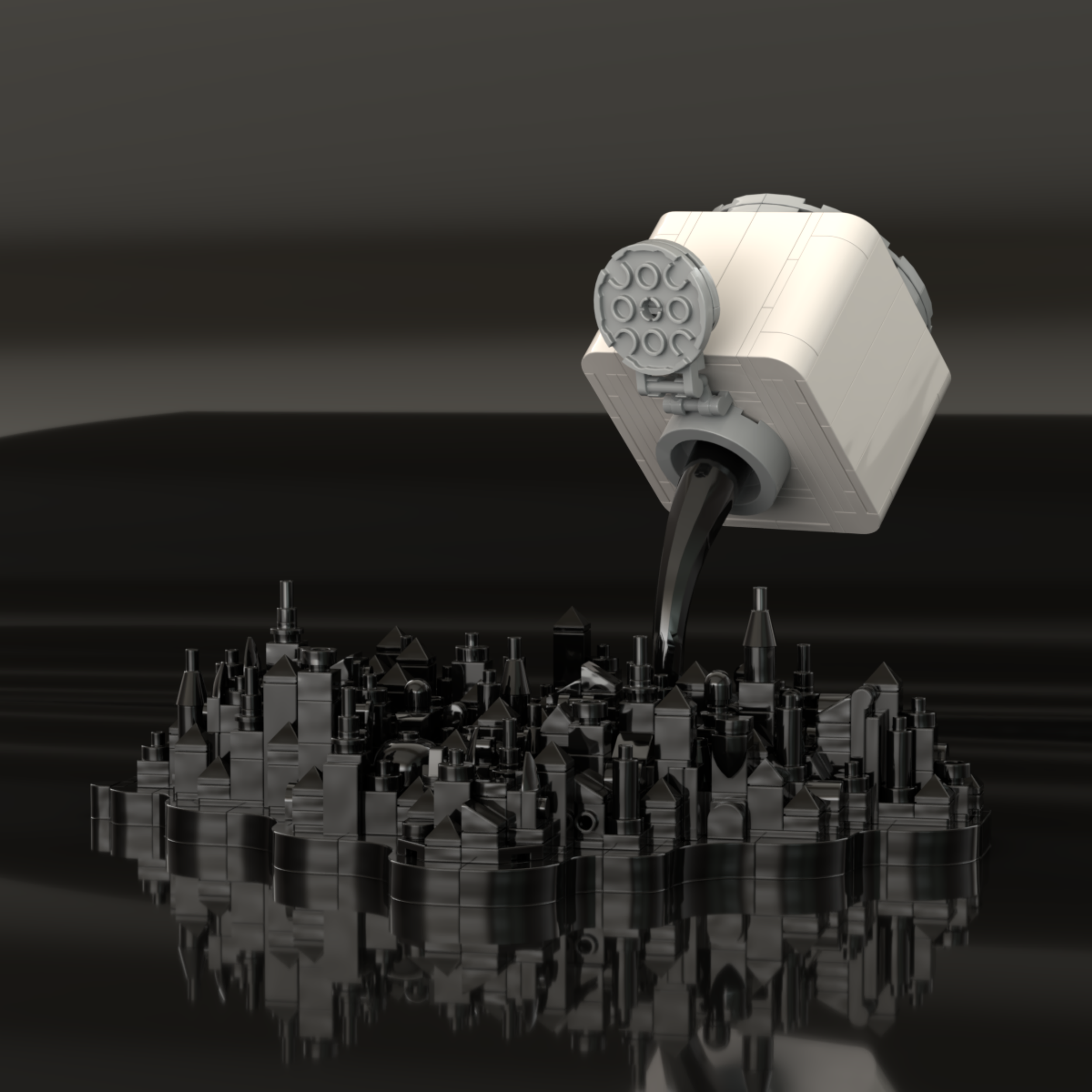 A white LEGO inkpot positioned above a black LEGO cityscape with a reflective surface.
