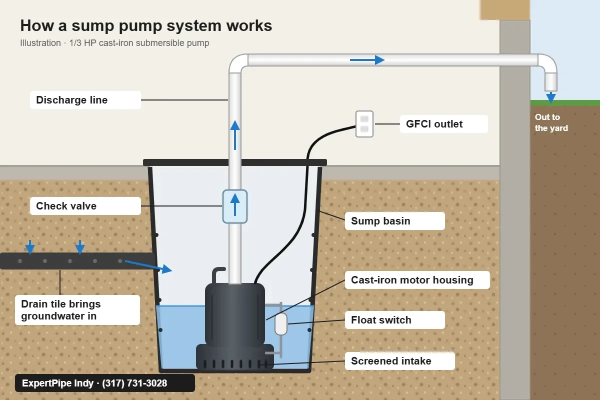 Diagram of a sump pump system: drain tile, sump basin, cast-iron sump pump with float switch, check valve and discharge line