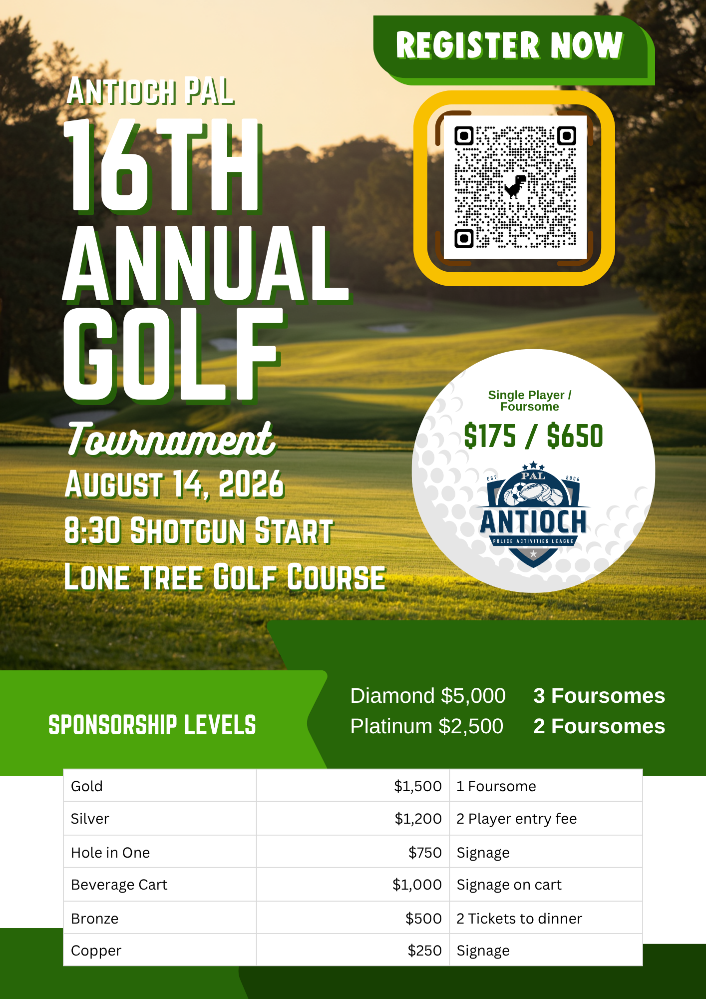 Invitation for the Antioch PAL 16th annual golf tournament on August 14, 2026, starting at 8:30 am at Lone Tree Golf Course. The flyer includes a QR code, sponsorship levels, and various donation options.