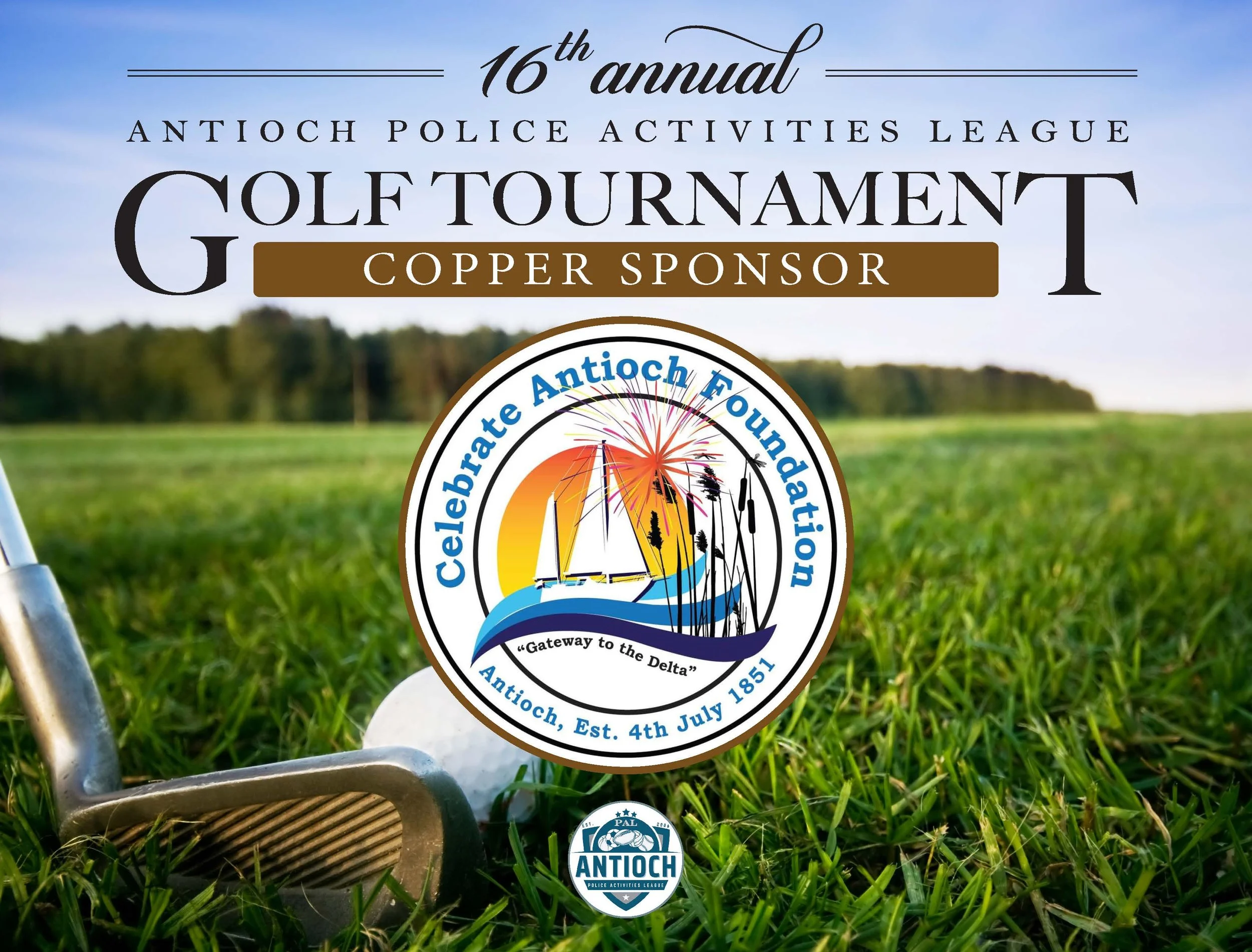 Golf tournament sign with descent green landscape background and a poker chip with fireworks designs on it.