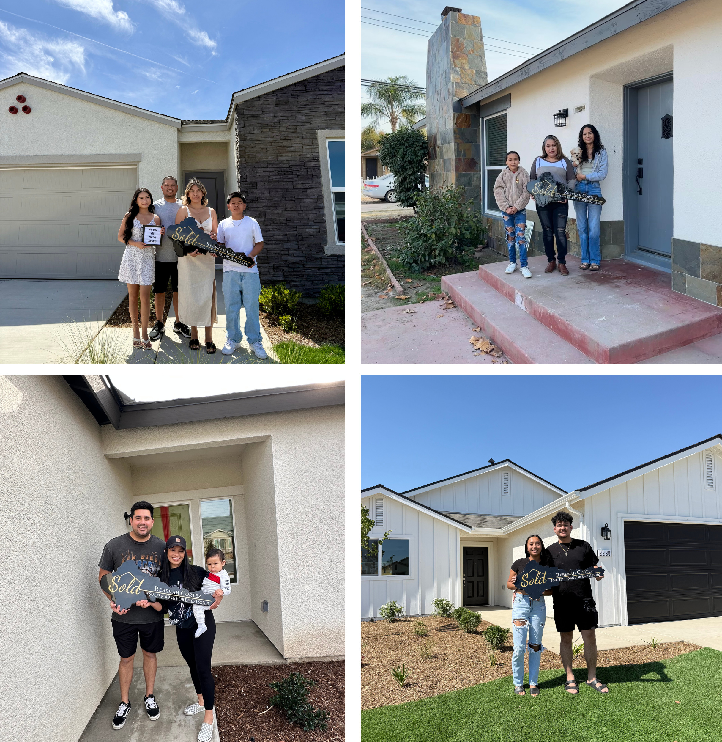 Four photos of different families standing in front of their newly purchased homes, holding sold signs.