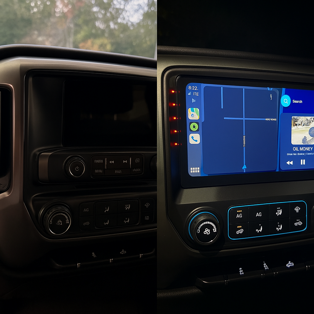 Comparison of two vehicle dashboards: the left shows a basic control panel, the right shows an upgraded touchscreen dashboard with digital display and multiple control options.
