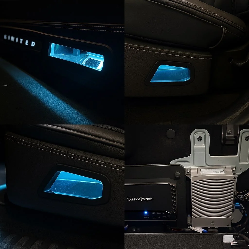Close-up of illuminated blue backlit switches and controls inside a vehicle, showing the interior and some electronic components.
