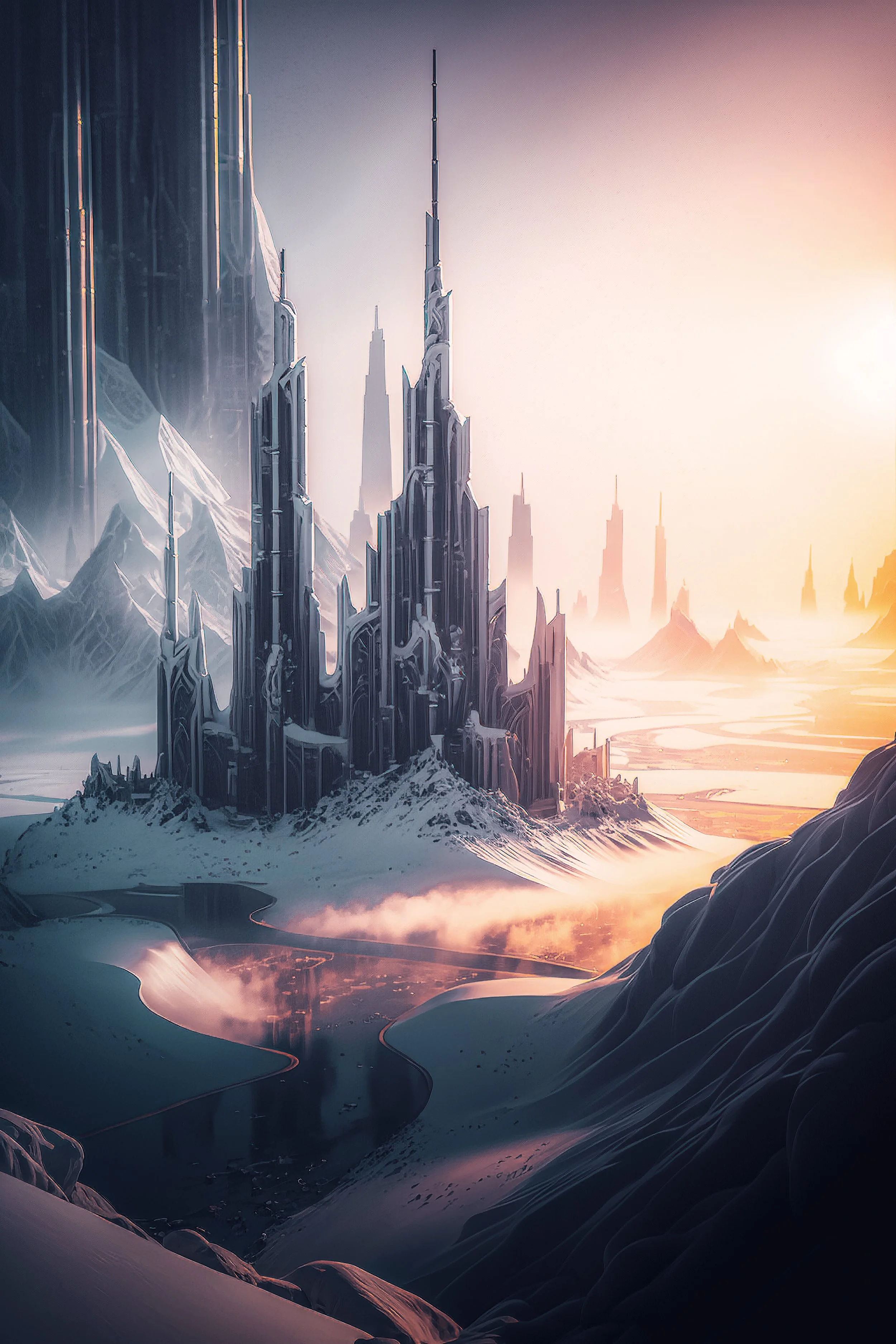 A futuristic icy cityscape with towering, sharp, metallic skyscrapers surrounded by snow and ice, under a pink and orange glowing sky, with winding icy rivers and rugged snow-covered mountains.