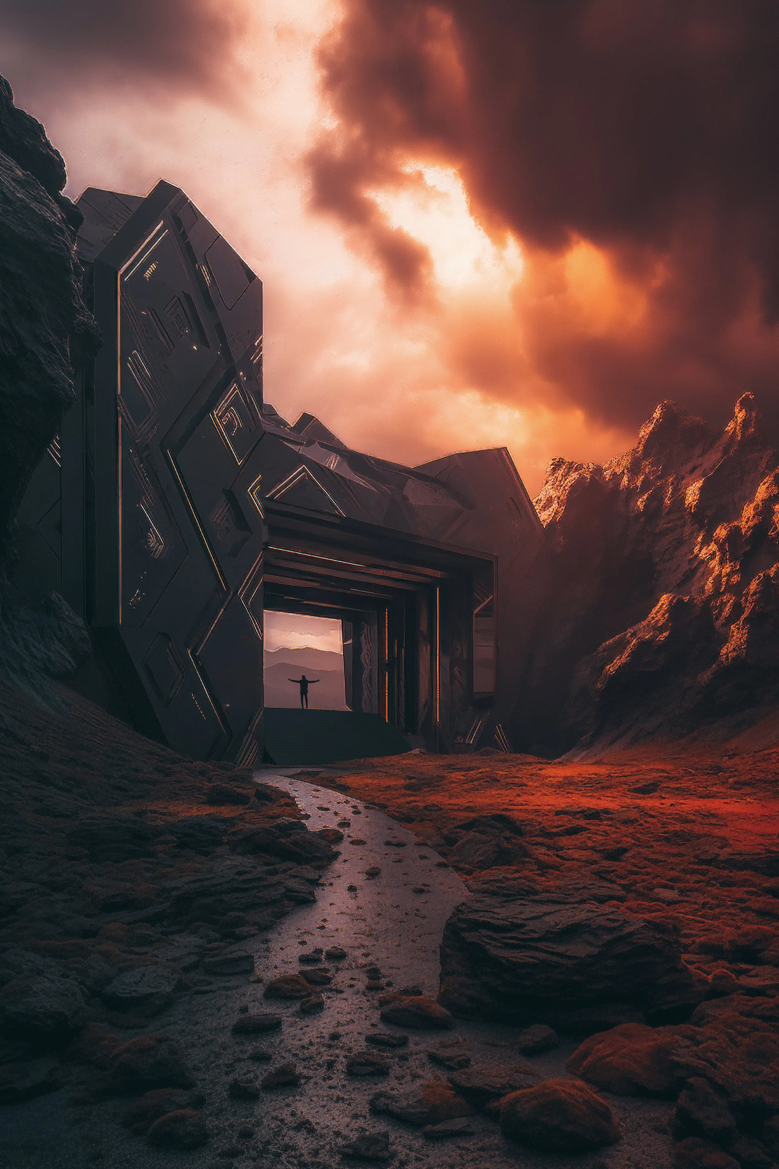 A futuristic scene showing a person standing with arms outstretched in front of a large, dark, metallic structure built into rocky terrain under a dramatic orange-and-pink cloud-filled sky.