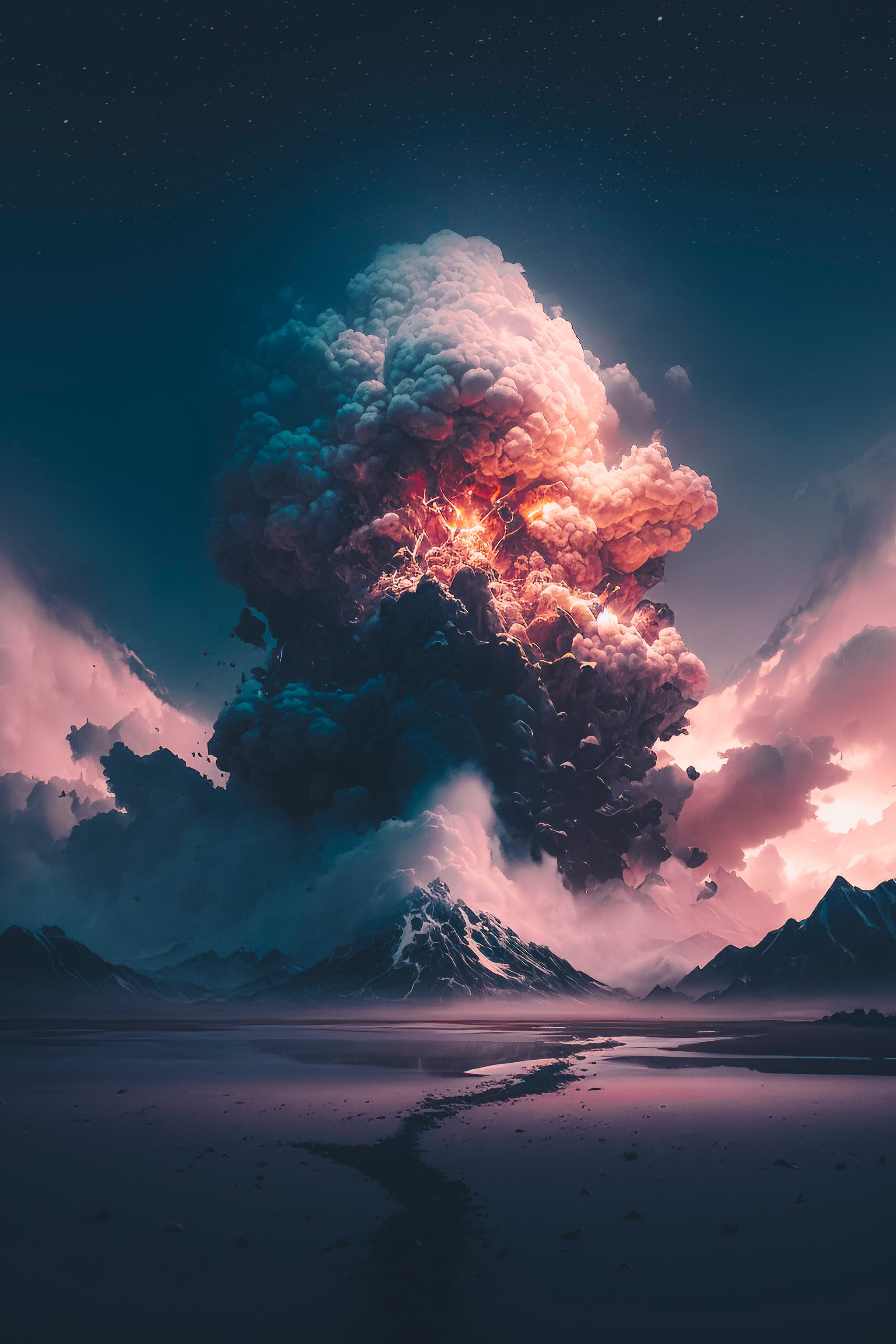 A large volcanic eruption with a tall ash plume against a night sky with stars, reflected in a calm body of water with mountains in the background.