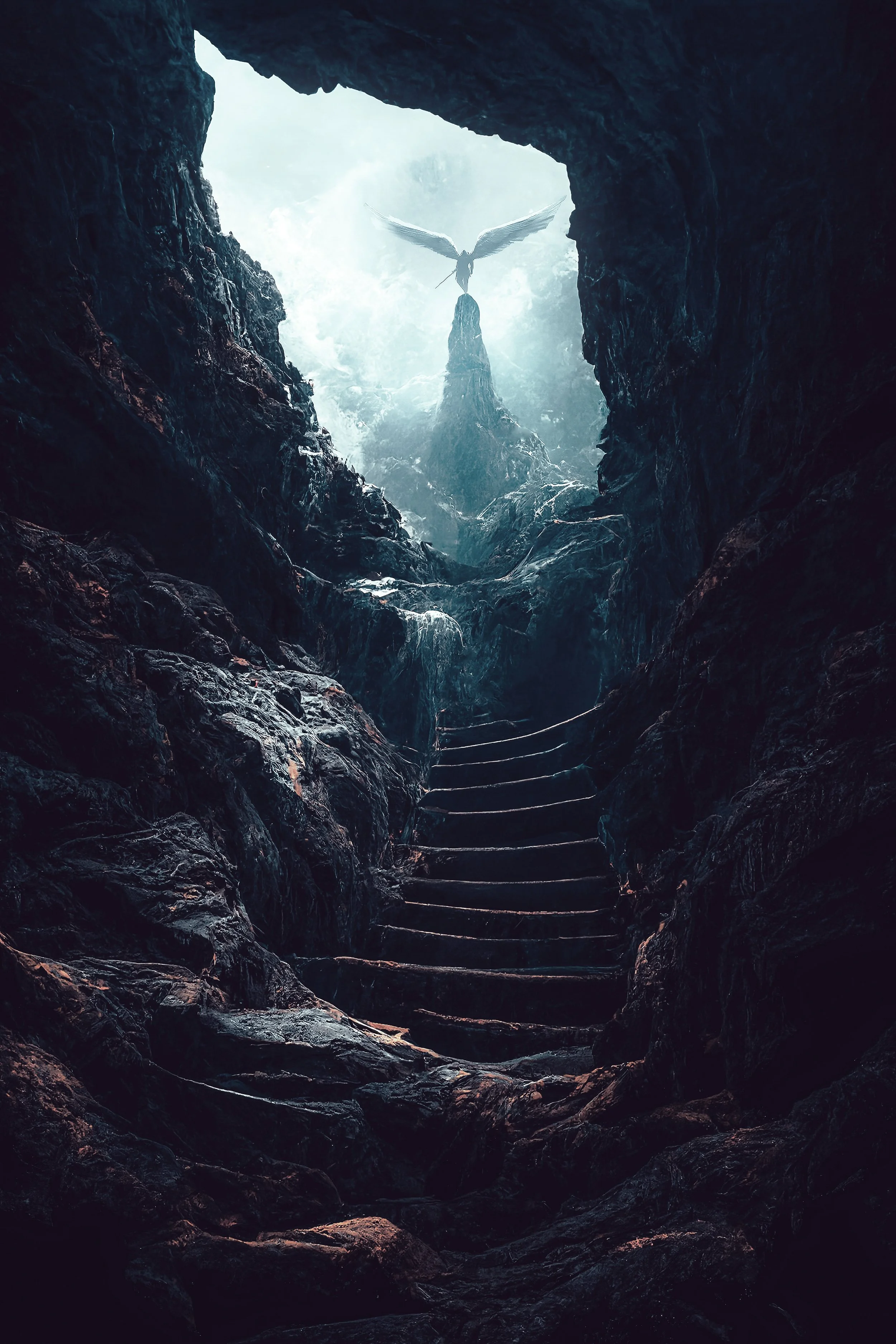 A dark, rocky cave with a staircase leading upward to an illuminated opening. Outside the opening, there is a large statue of an angel with wings spread wide, standing on a tall pedestal.