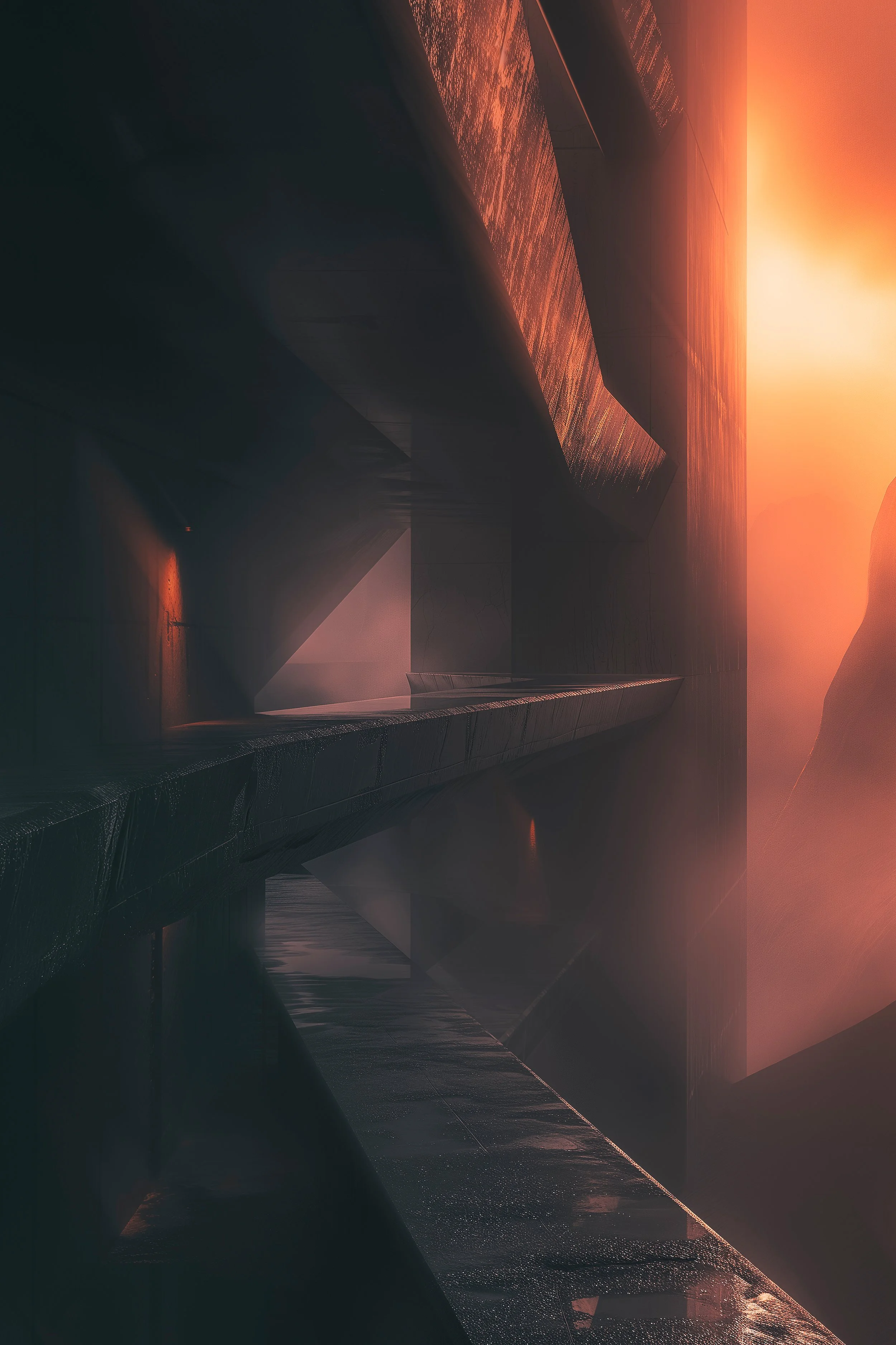 Futuristic architectural structure with geometric shapes under a vibrant sunset sky