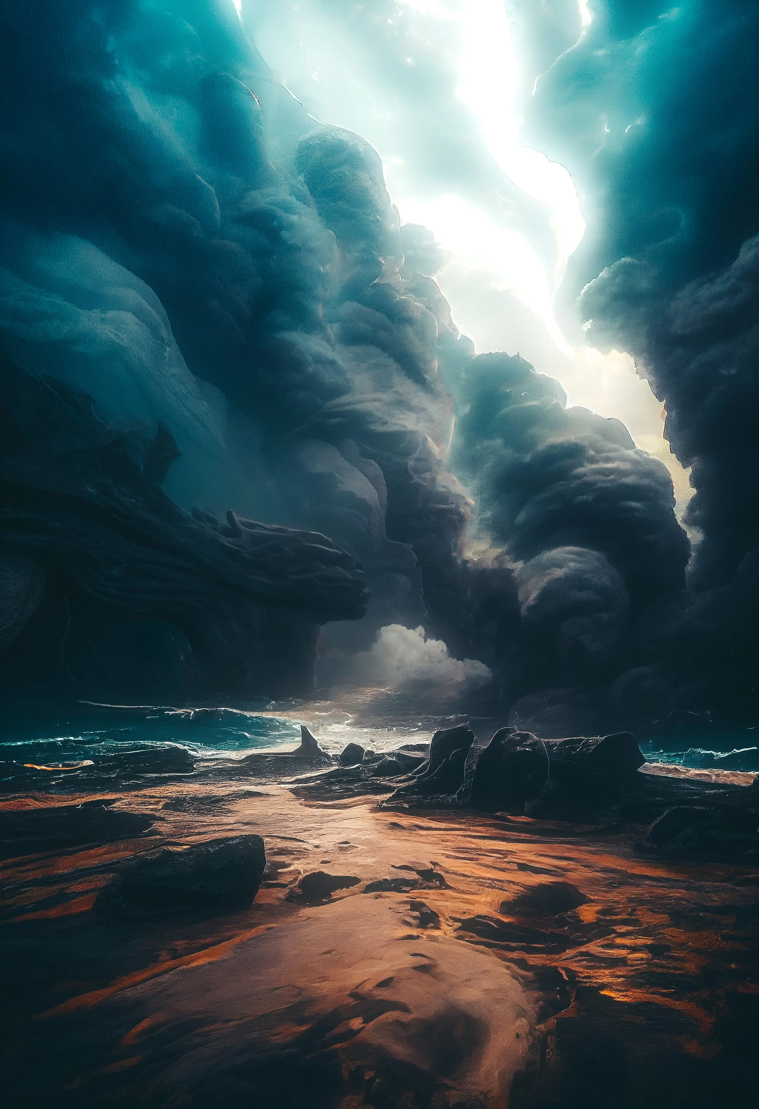 A dramatic scene of a stormy sky with towering dark clouds and a bright lightning bolt, above a rocky landscape with a flowing river or stream.