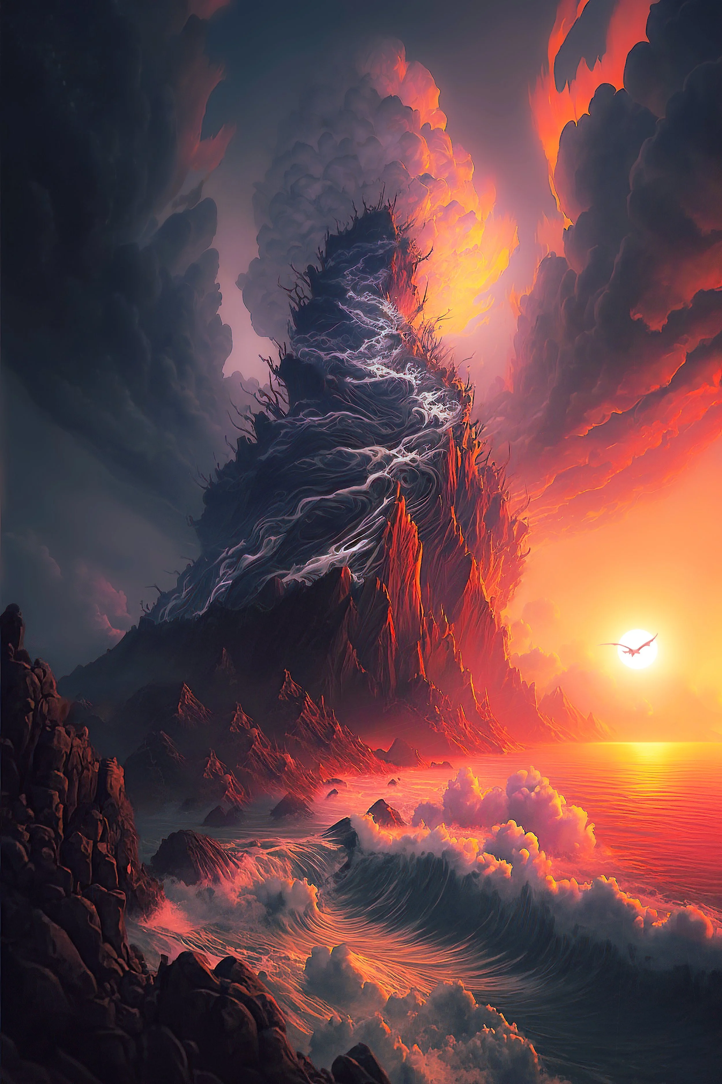 A fantastical scene of a towering volcano erupting with flowing lava and dark smoke, illuminated by a setting sun with fiery clouds and crashing ocean waves in the foreground.