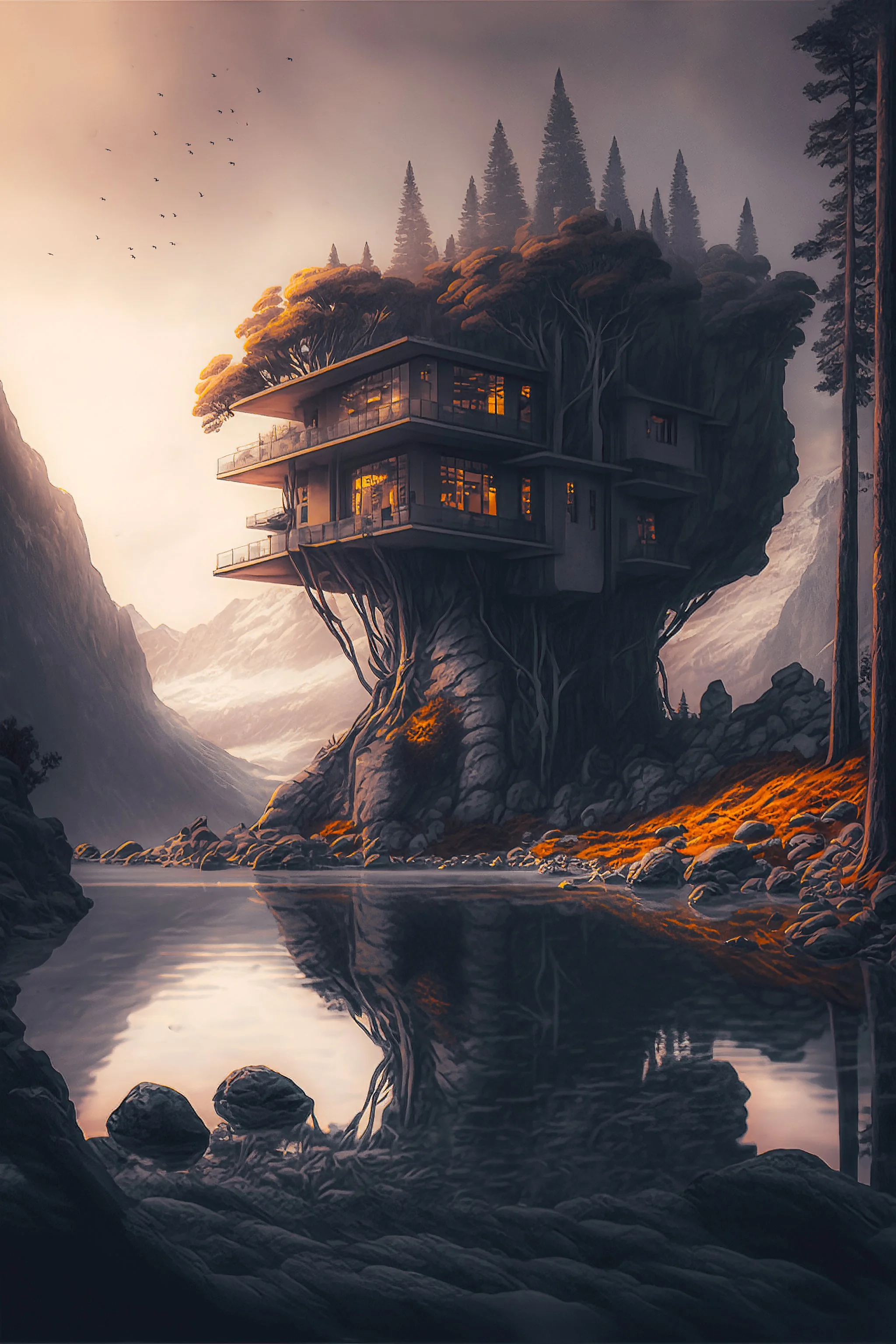 A surreal house built into a large rock formation with trees on top, reflecting in a calm river surrounded by rocky terrain and mountain backdrop, at sunset