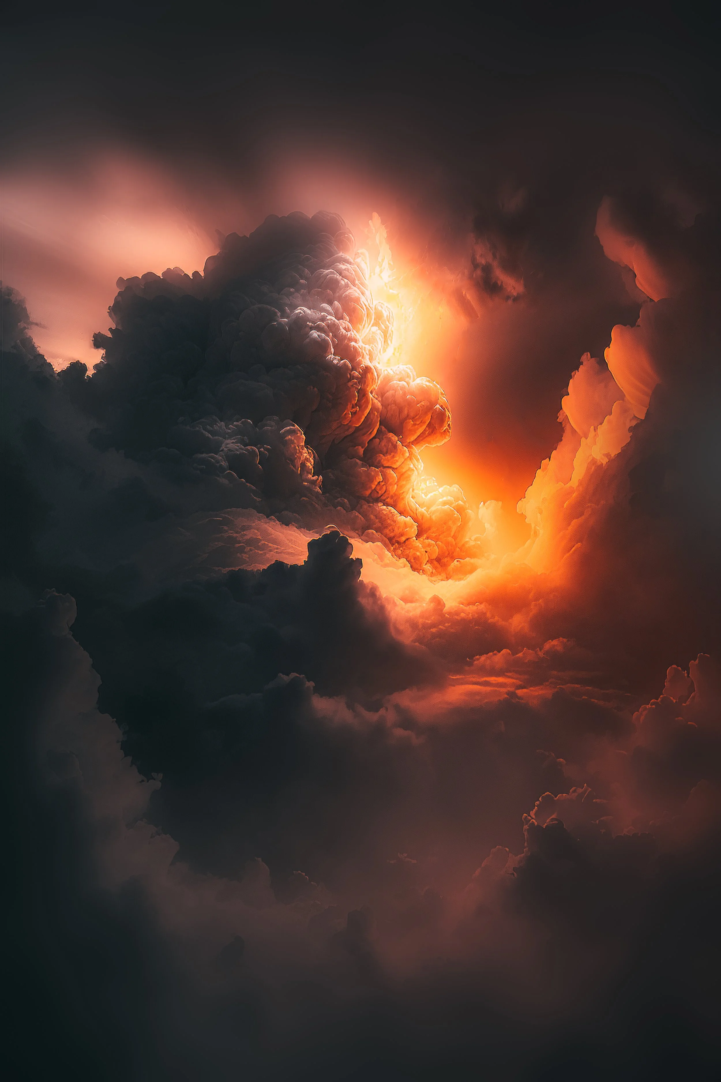 A dramatic sky with dark storm clouds and intense orange and yellow light shining through, creating a fiery and ominous atmosphere.