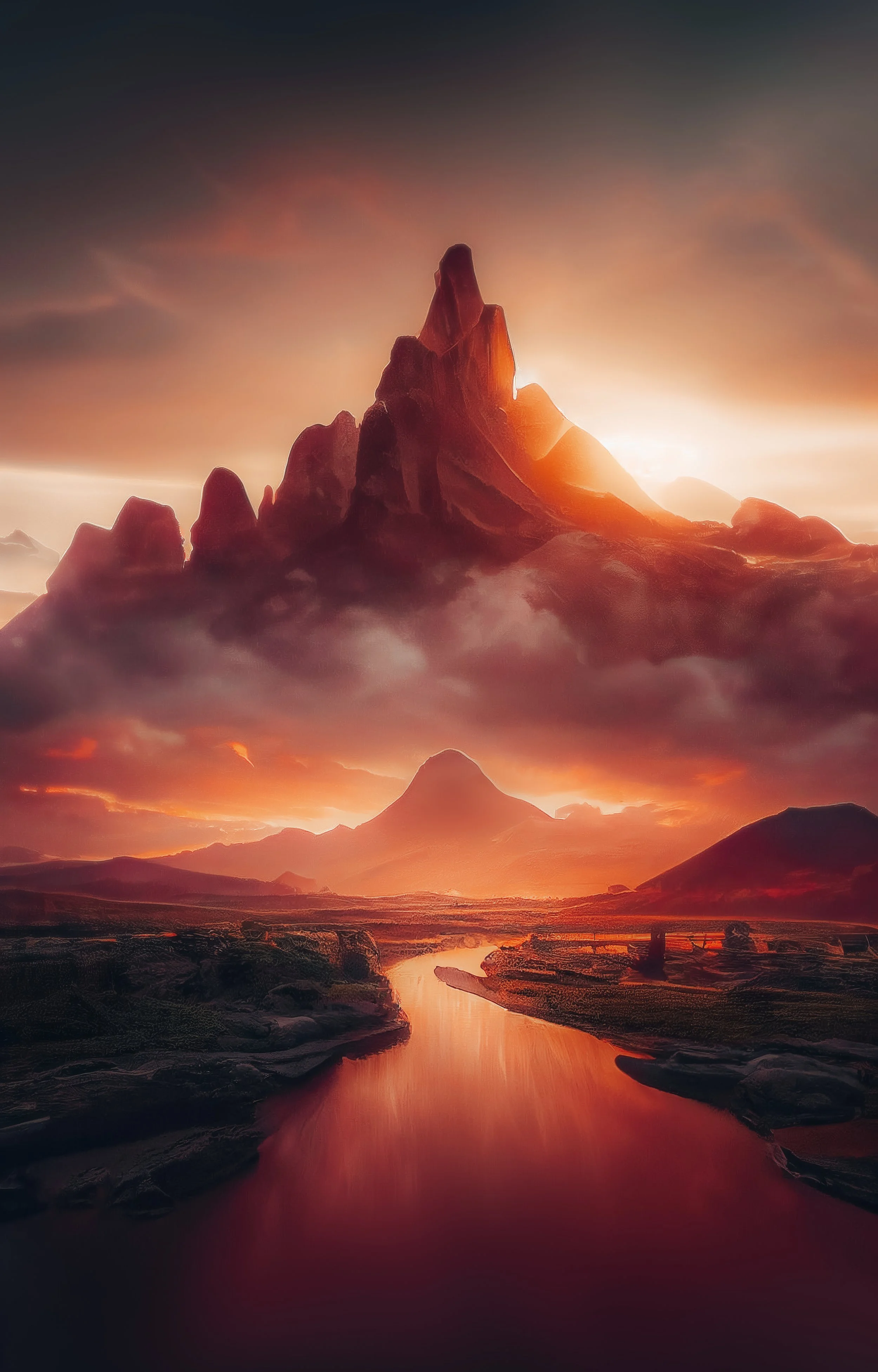 A surreal landscape with tall, jagged mountain peaks illuminated by sunset, reflecting on a winding river below with a sky filled with dramatic clouds.