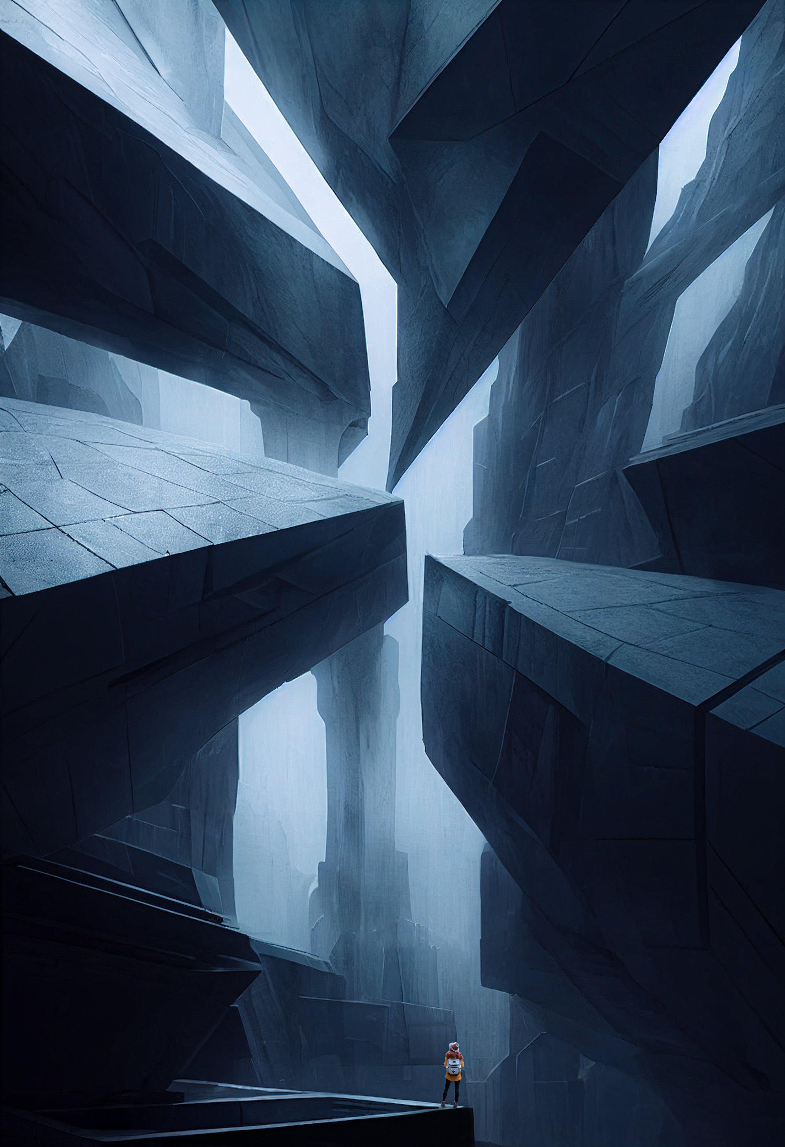 A person with a backpack standing on a ledge in a deep, narrow canyon with towering, dark, jagged rock formations and misty atmosphere.