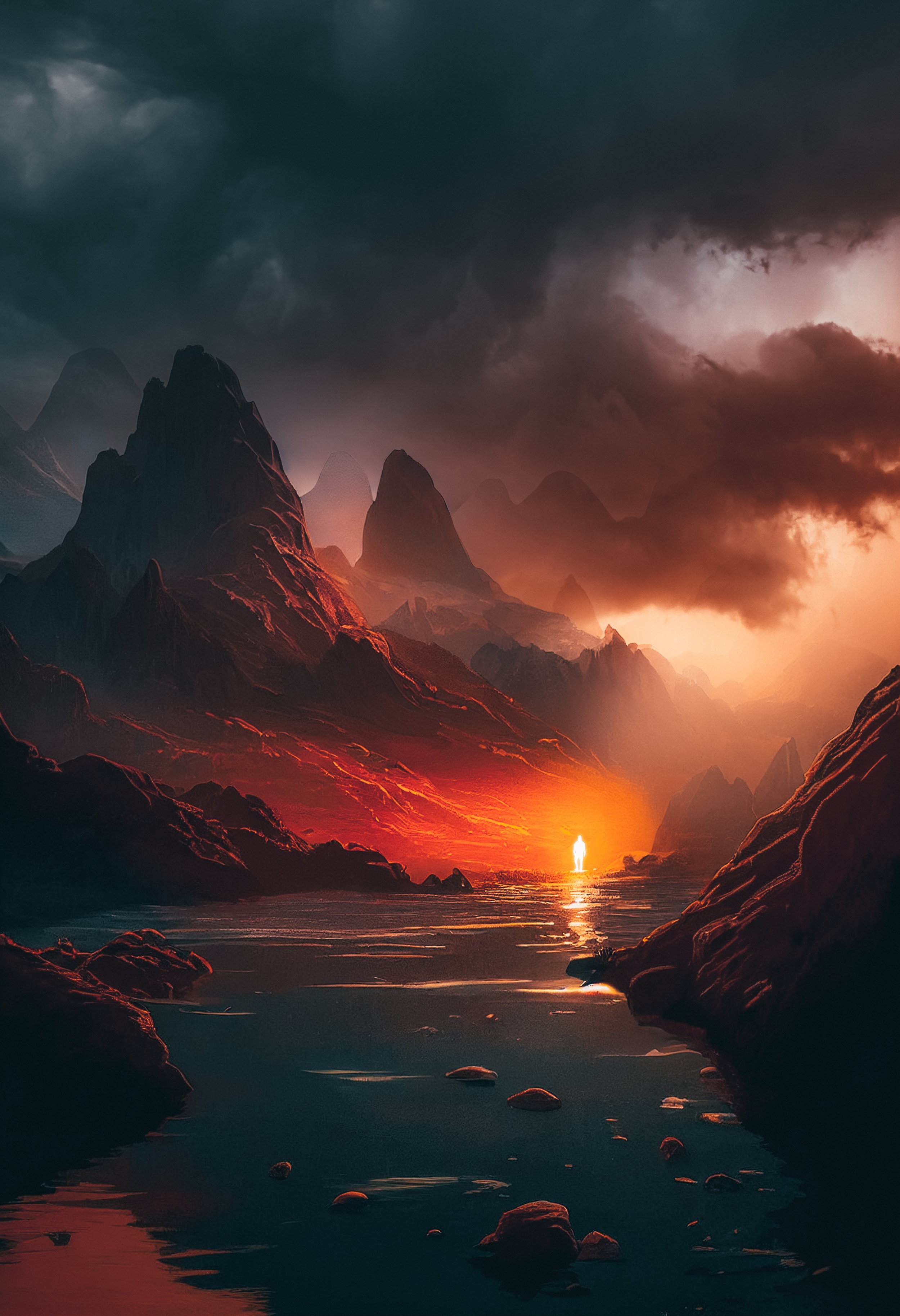 A surreal landscape with dark mountainous terrain, a glowing fiery light in the distance, and a figure glowing brightly standing at the water's edge.
