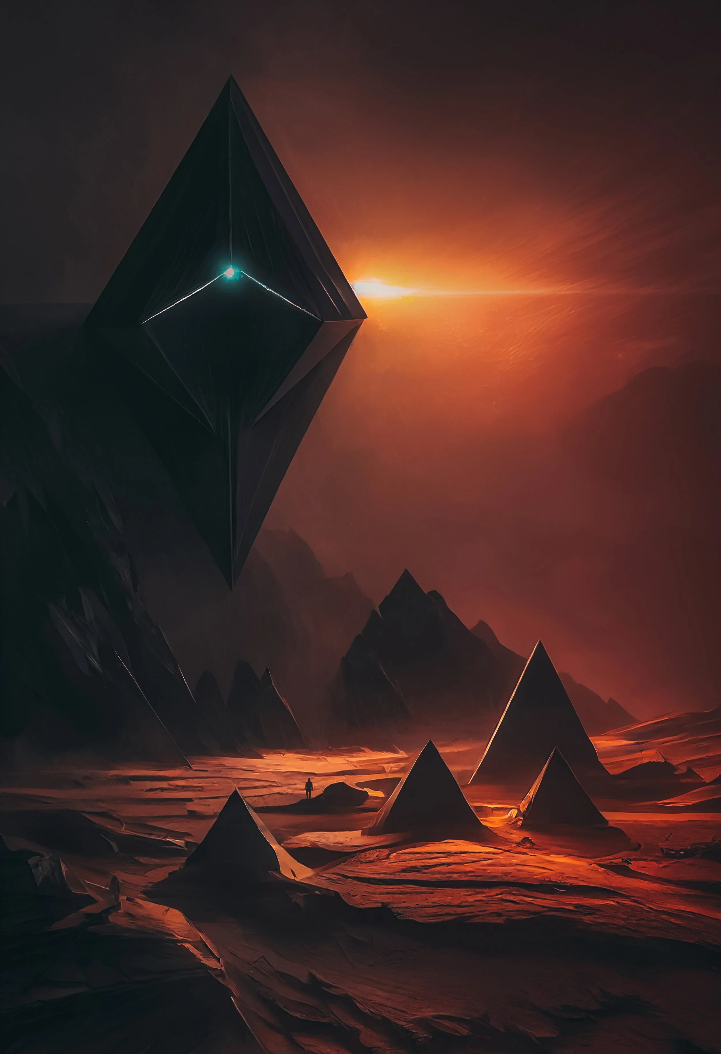 A futuristic scene with giant floating geometric structures over a desert landscape with pyramids, mountains, and a lone figure, under a setting or rising sun in a sci-fi art style.