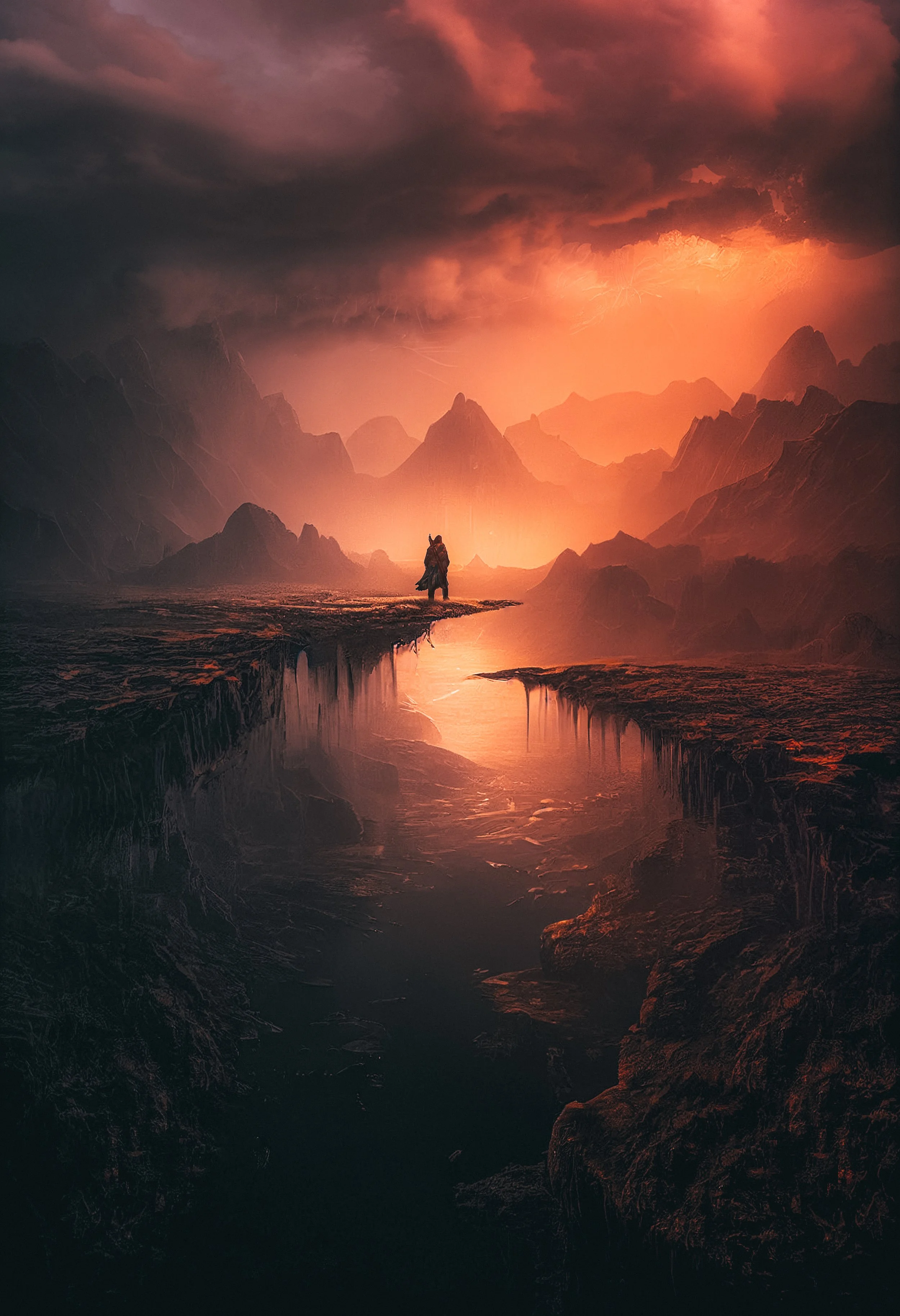 A person standing on a narrow cliff overlooking a dark and fiery landscape with mountains and a reflective river, under a dramatic sky with dark clouds and orange glow.