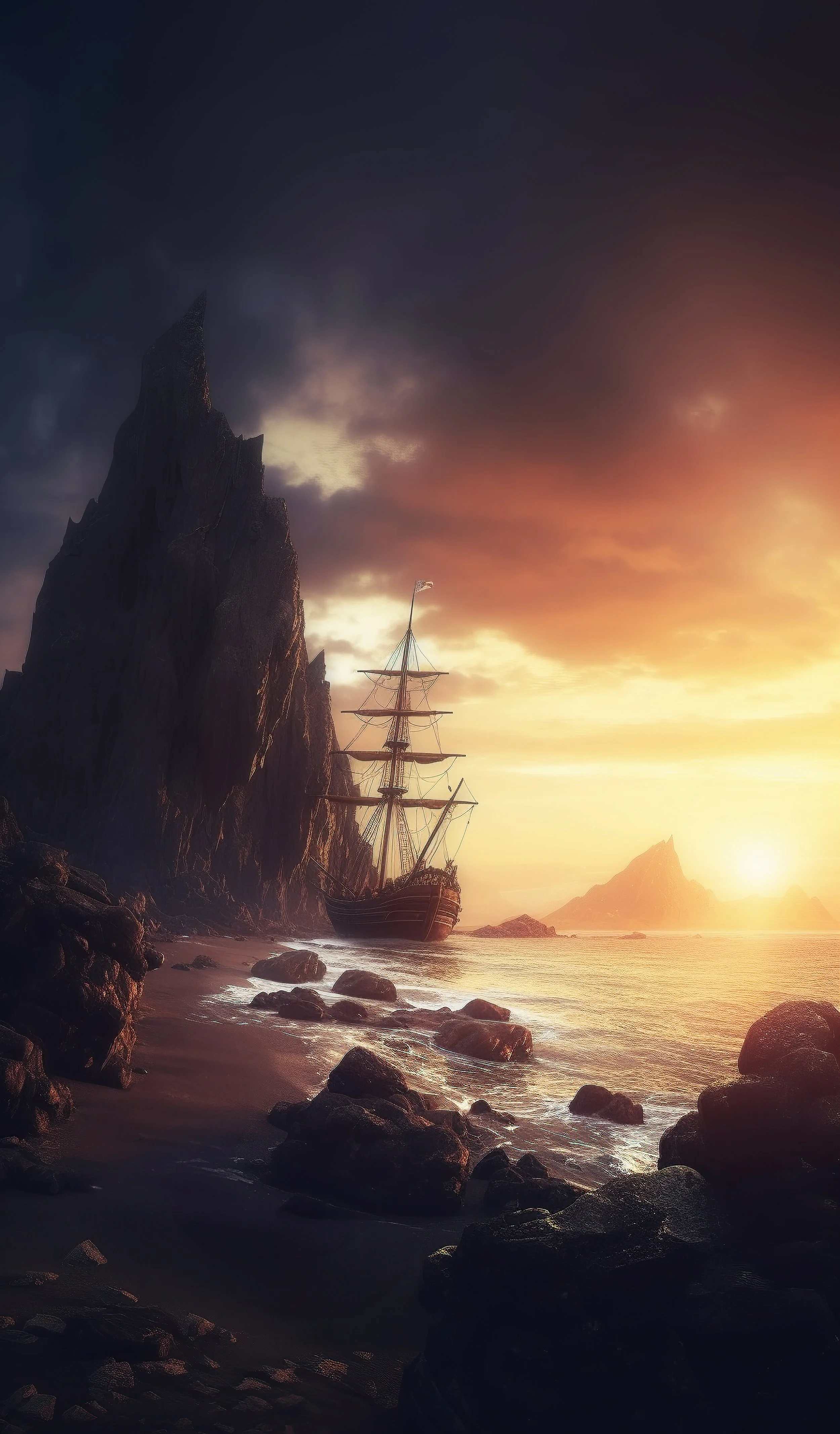A sailing ship near a rocky coastline during a sunset or sunrise, with dark clouds overhead and a mountain or large rock formation in the background.
