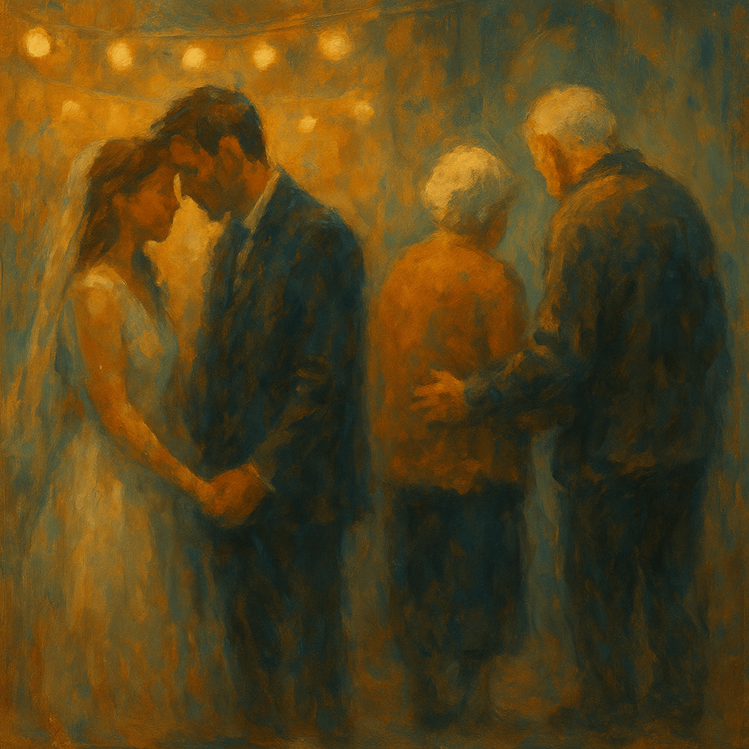 Abstract painting of several people gathered at a festive event, with warm lighting and hanging string lights.