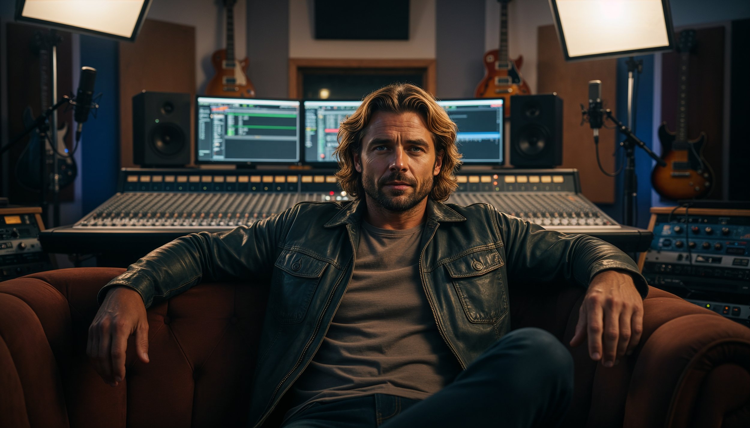 A man with wavy hair and a beard sitting on a leather sofa in a music studio, surrounded by professional audio equipment and guitars, facing the camera with a serious expression.
