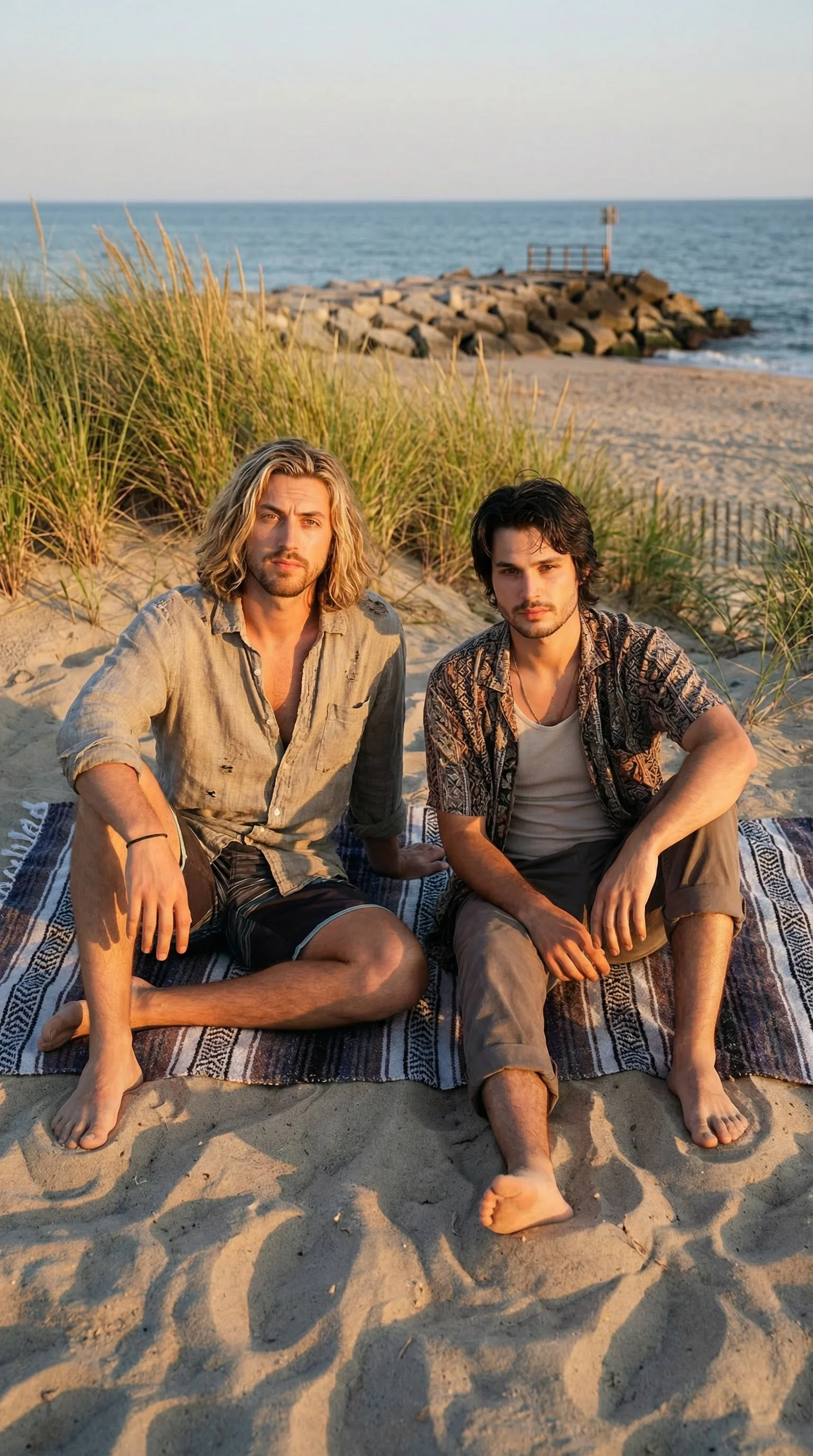 Two men sitting on a blanket on the beach during sunset with sand dunes, grass, rocks, a wooden fence, and the ocean in the background.