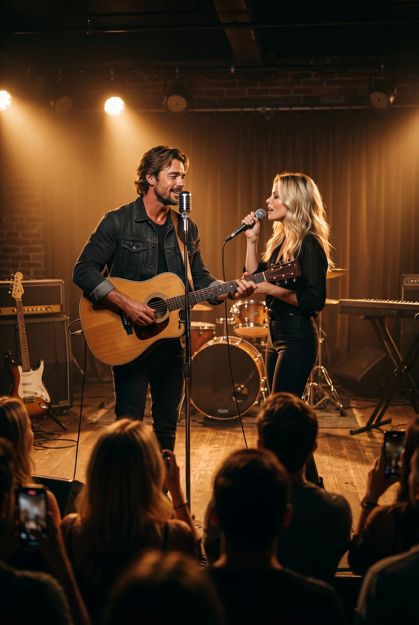 A man playing guitar and smiling, and a woman singing into a microphone, performing on stage in front of an audience with some people taking photos.