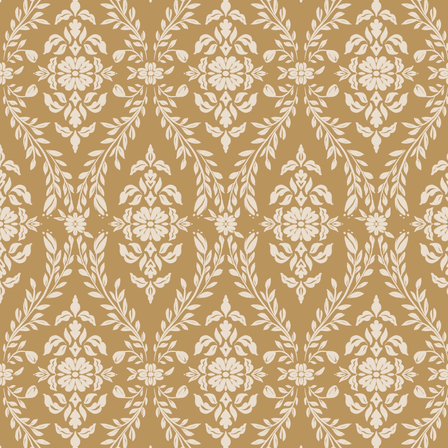 A seamless pattern featuring off-white symmetrical floral damask motifs on a yellow ochre background.
