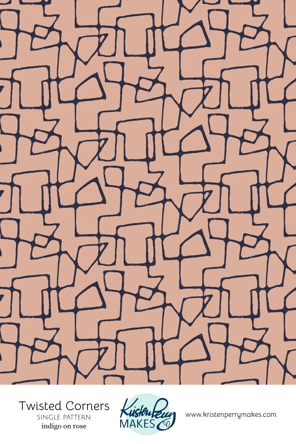 A repeating geometric pattern with interlocking indigo lines forming squares and triangles on a pink background.