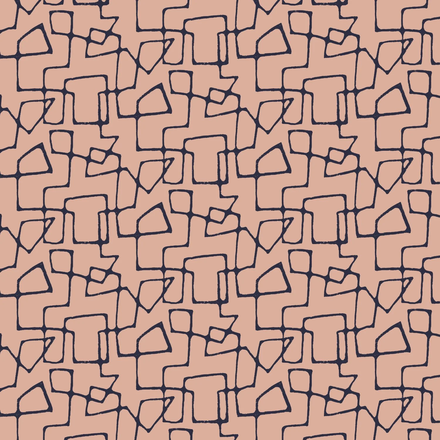 A seamless abstract mid-century pattern of irregular navy lines on a rose pink background.