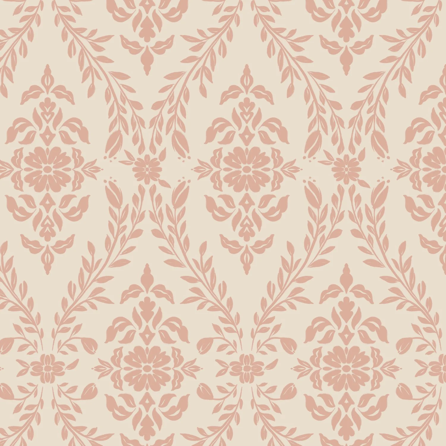 A seamless pattern of floral damask design in soft pink on an off-white background.