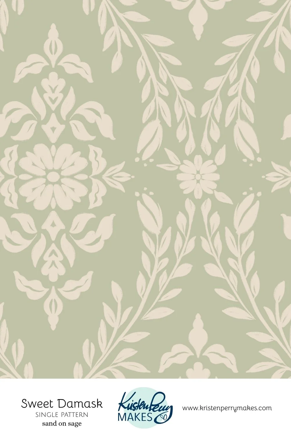 A light green background with a white damask floral pattern.