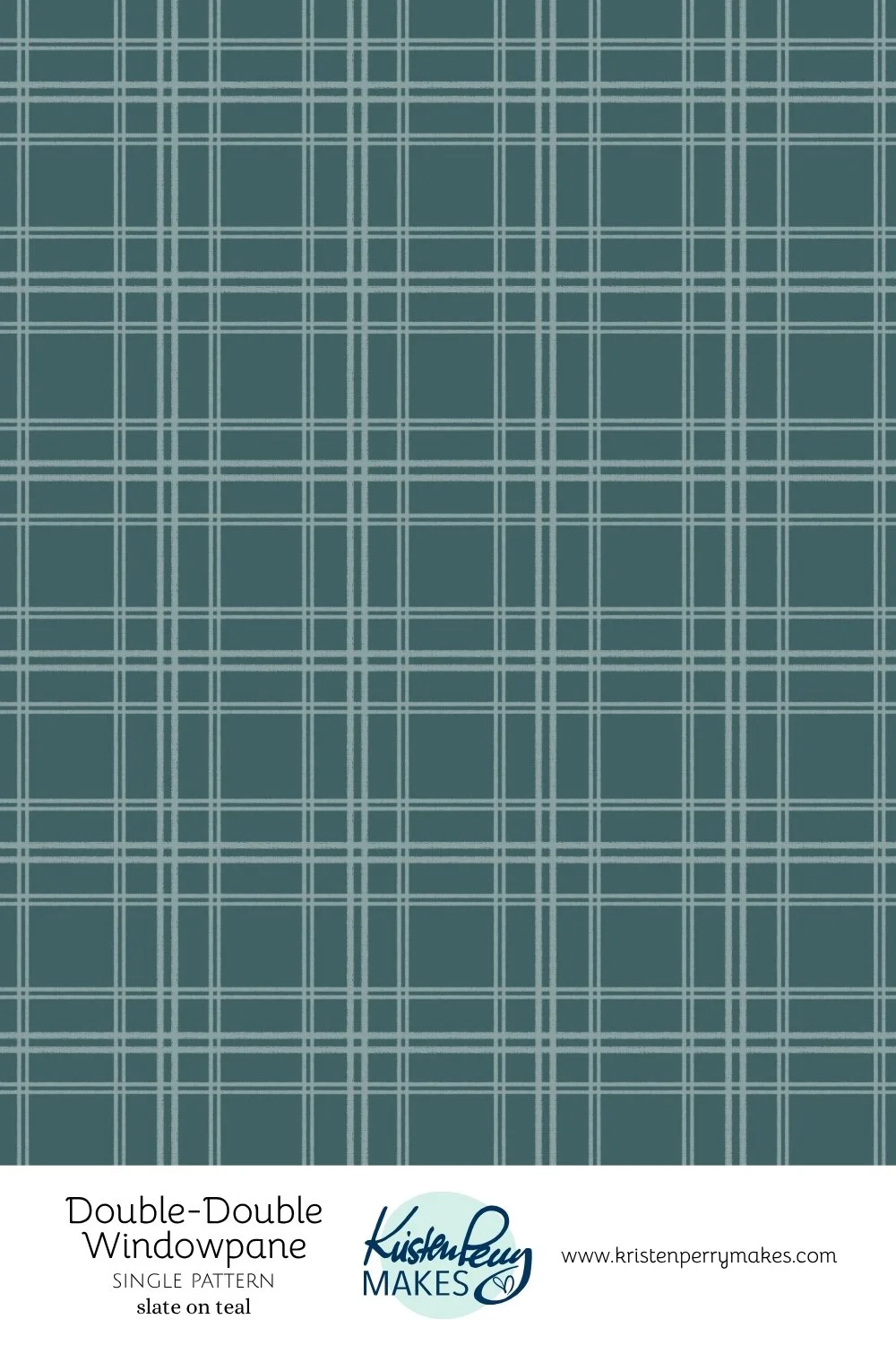 Double windowpane plaid pattern with slate-colored lines on a deep teal background, by Kristen Perry makes.
