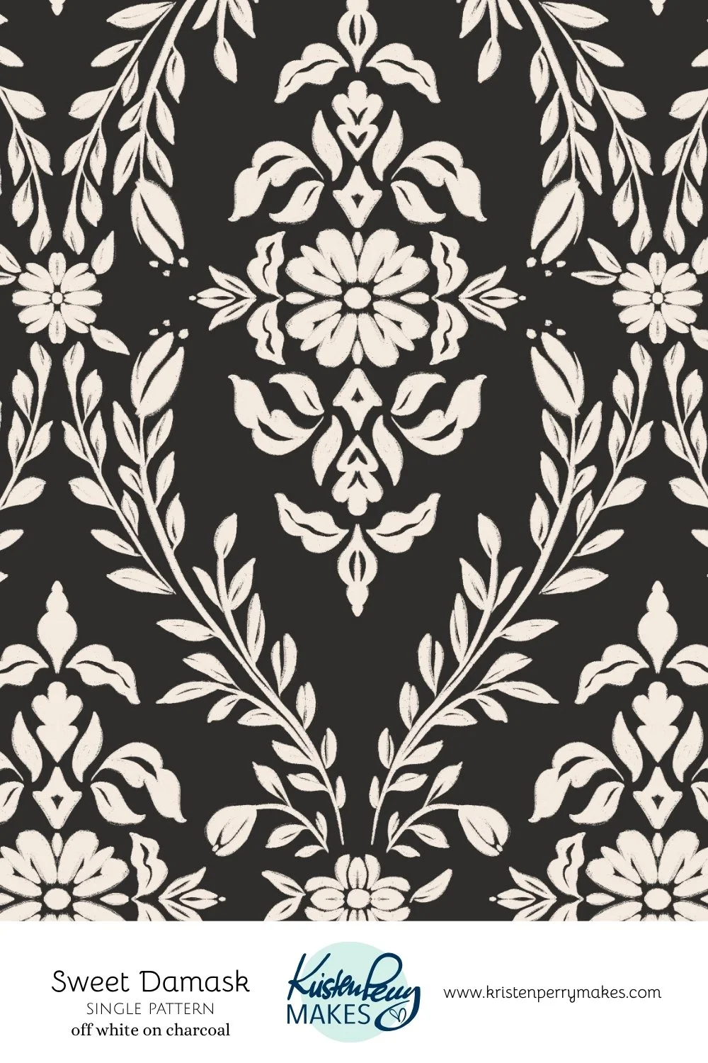White floral damask pattern with symmetrical floral and leaf motifs on a black background.