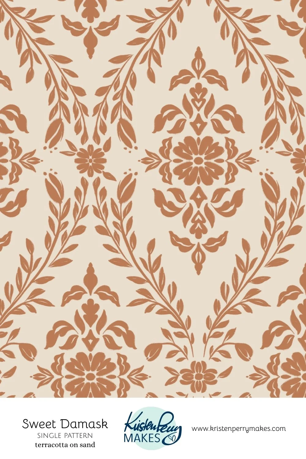 A seamless pattern of terracotta floral and leaf motifs on a beige background, titled 'Sweet Damask' by Kristen Perry makes.