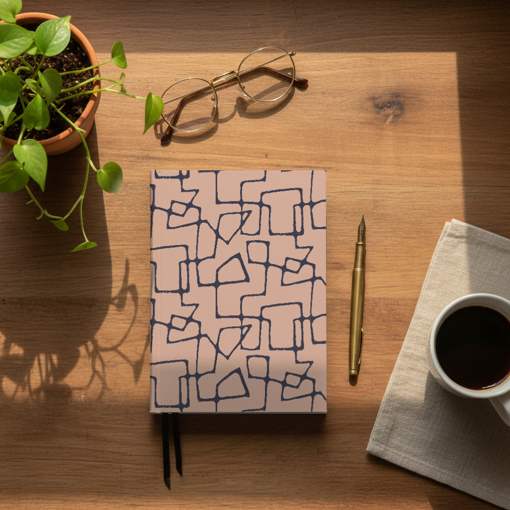 Top-down view of a journaling notebook with a cover in a mid-century modern line pattern with navy lines on a pink background, placed on a wooden desk with a plant, eyeglasses, a gold pen, a cup of coffee on a napkin, and sunlight casting shadows.