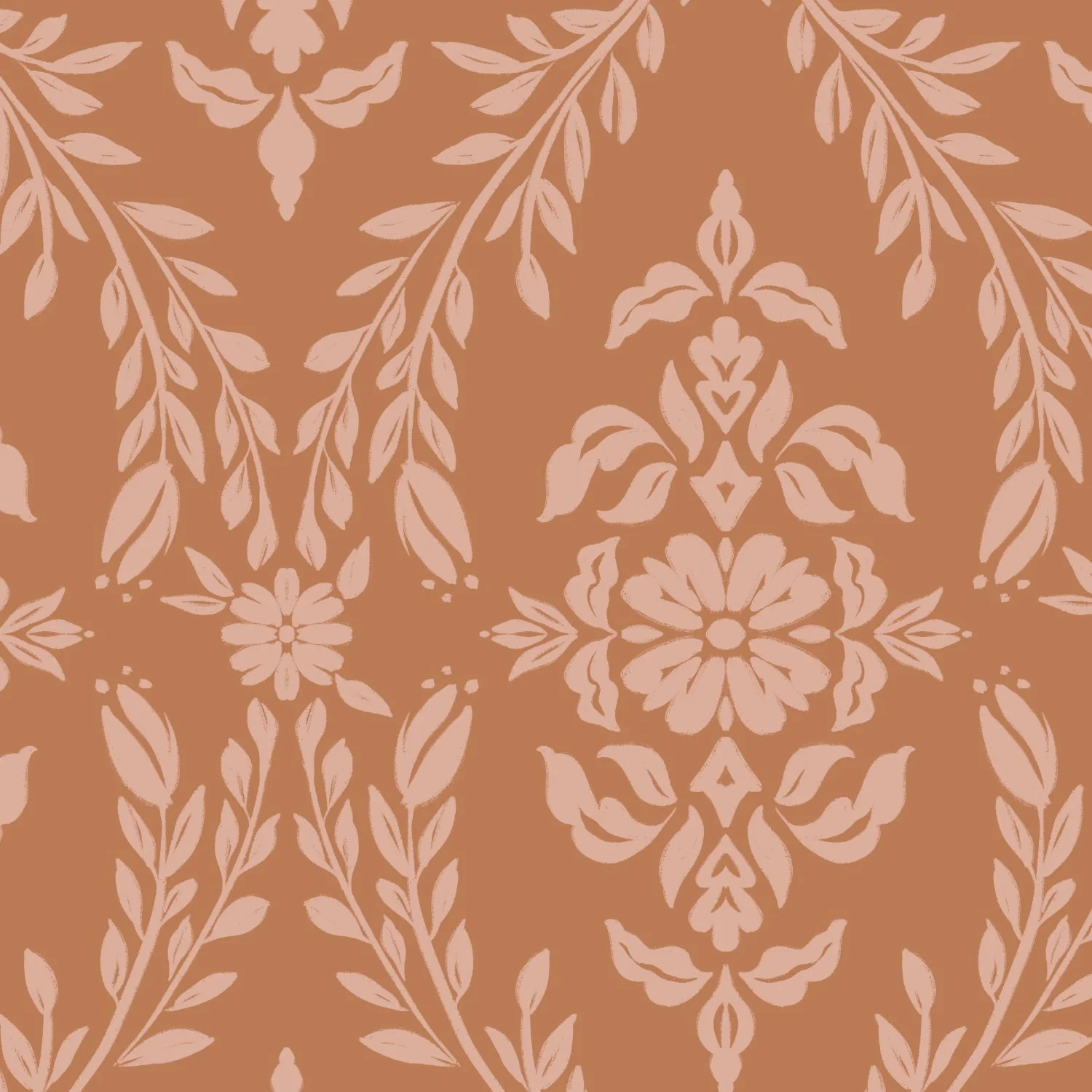 A seamless pattern with floral damask motifs in rose pink on a terracotta background.
