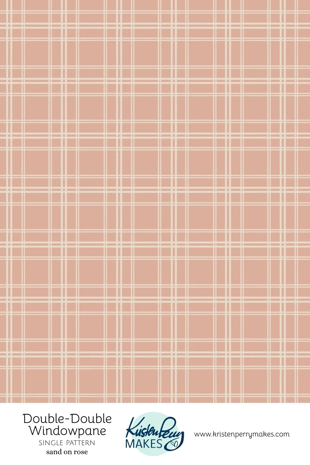 A wallpaper sample featuring a pinkish background with a beige double-windowpane plaid by Kristen Perry makes.
