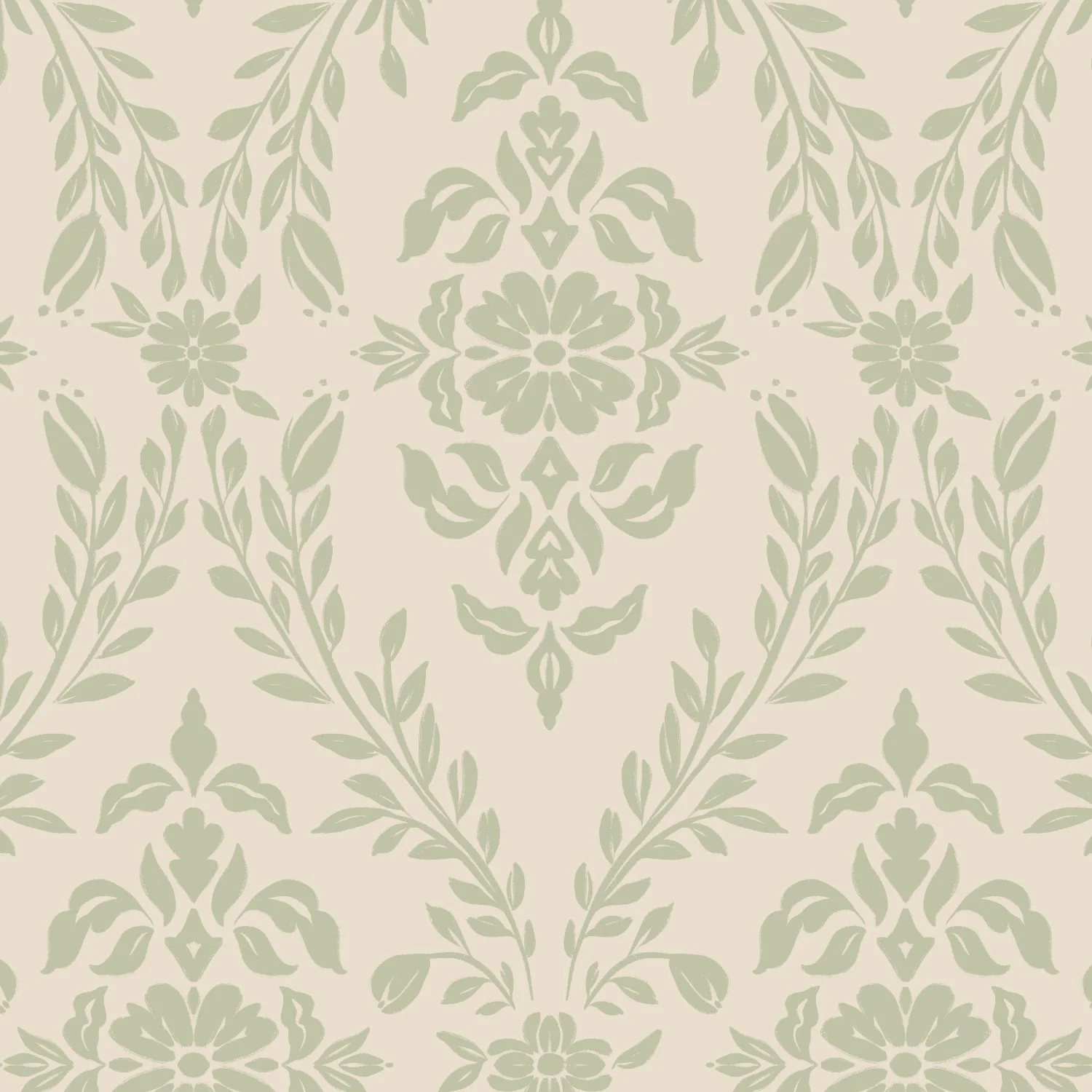 A repeating floral damask pattern with pale green motifs on an off-white background.
