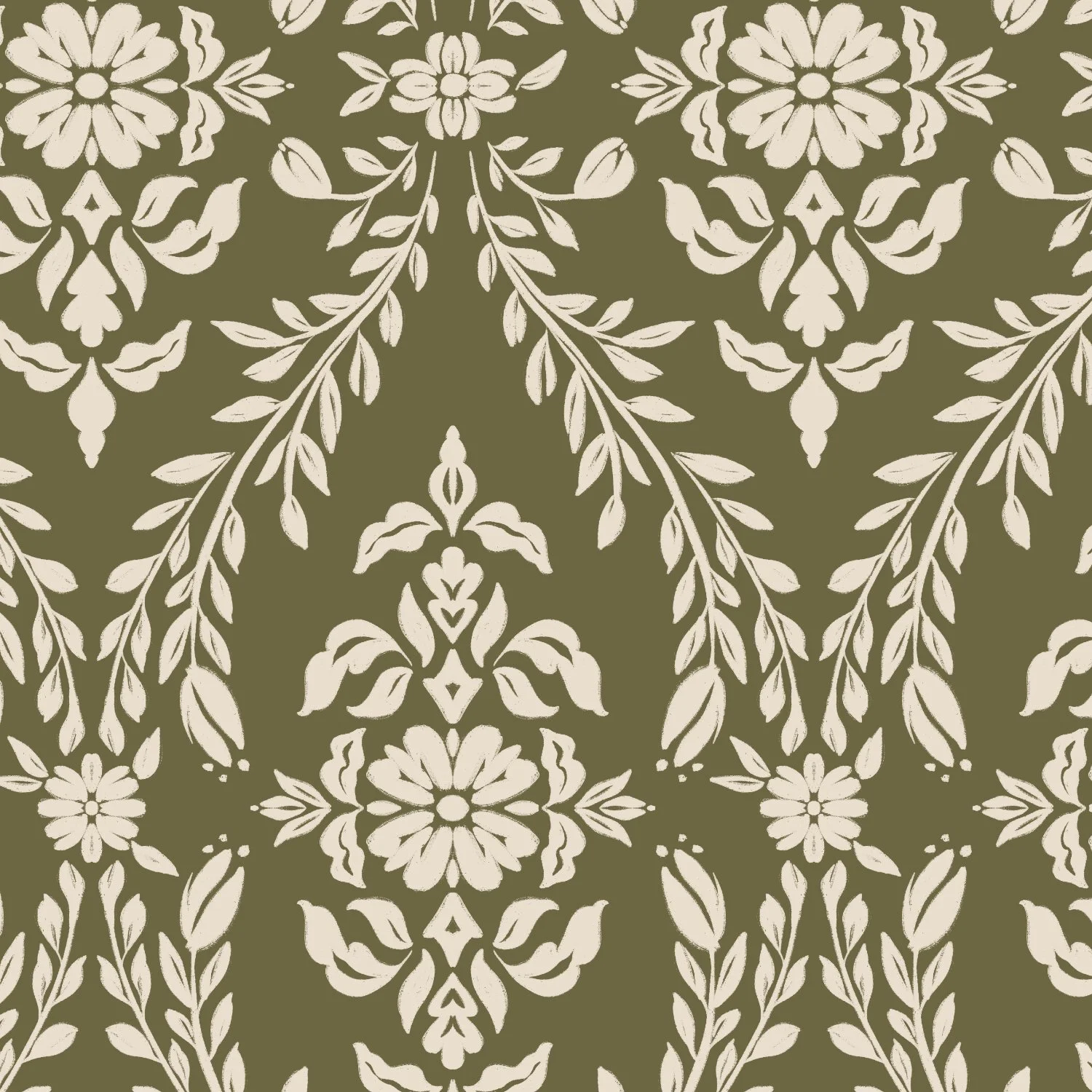 A repeating pattern of cream floral damask motifs on an olive green background, styled in a vintage or classic design.