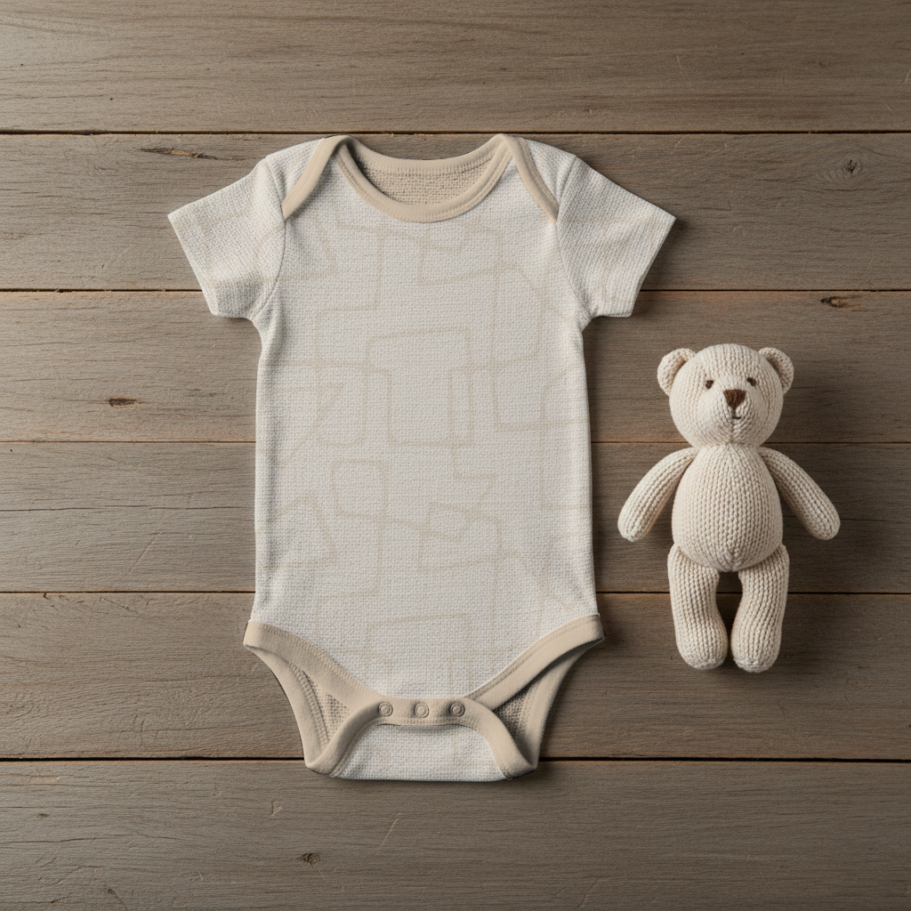 A sandy white baby onesie in a tone-on-tone mid-century modern abstract line pattern with beige trim, and a knitted teddy bear on a wooden surface.