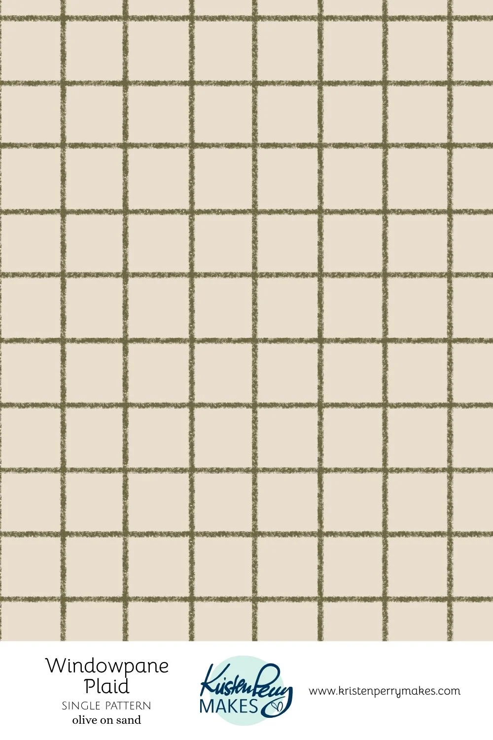 A beige windowpane plaid fabric with greenish-brown grid lines.