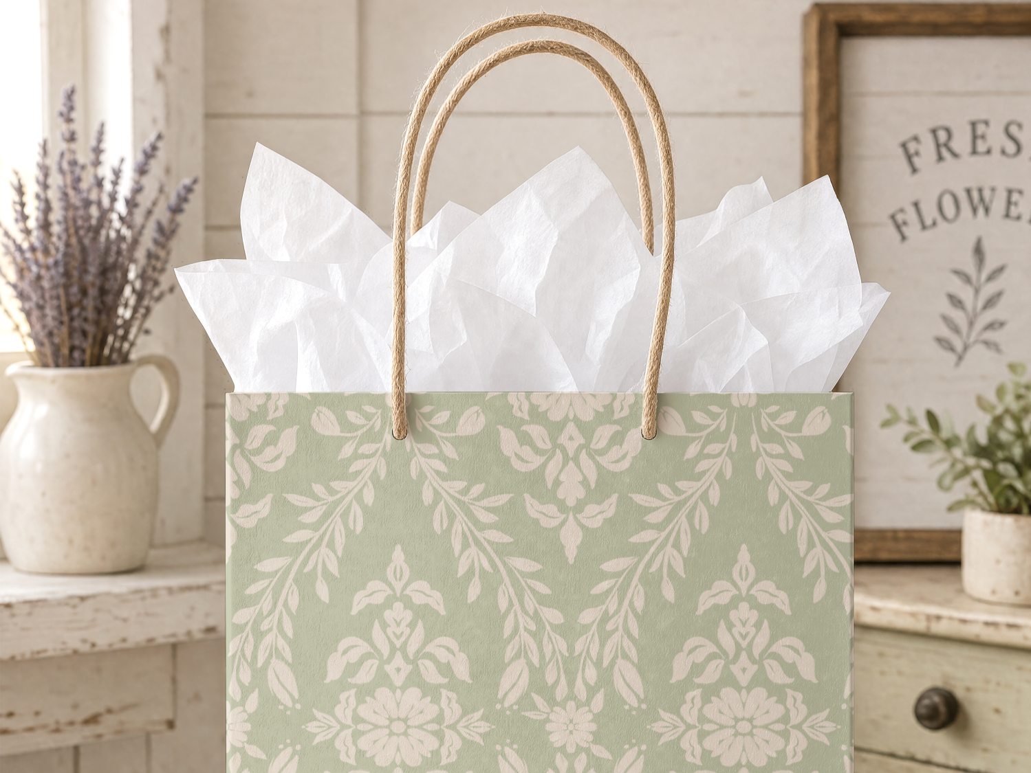 Gift bag featuring an off-white floral damask pattern on a pale green background, white tissue paper inside, on a rustic white wooden surface with a potted lavender plant and a framed sign in the background.