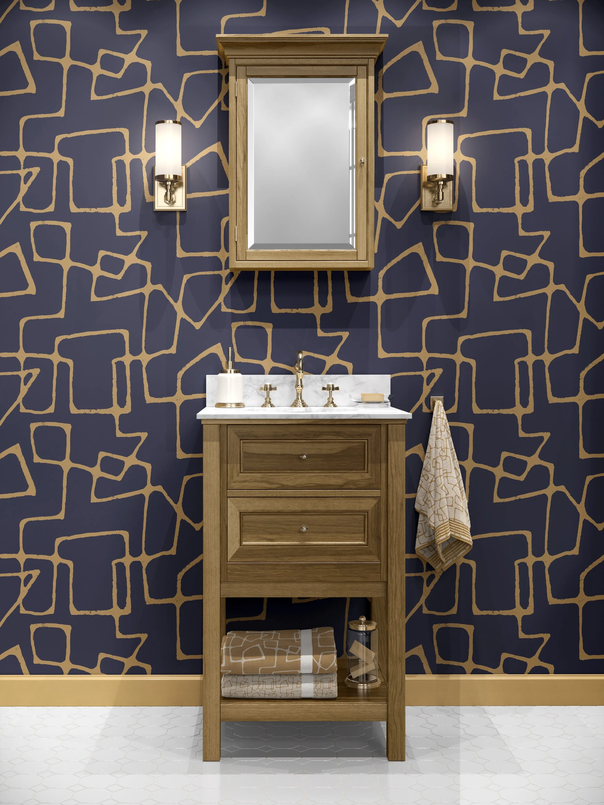 A bathroom vanity with a wooden cabinet, a marble countertop, and gold fixtures. Above it is a mirror with a wooden frame, flanked by two wall-mounted light fixtures. The wall behind features a navy blue wallpaper with a gold geometric pattern. There