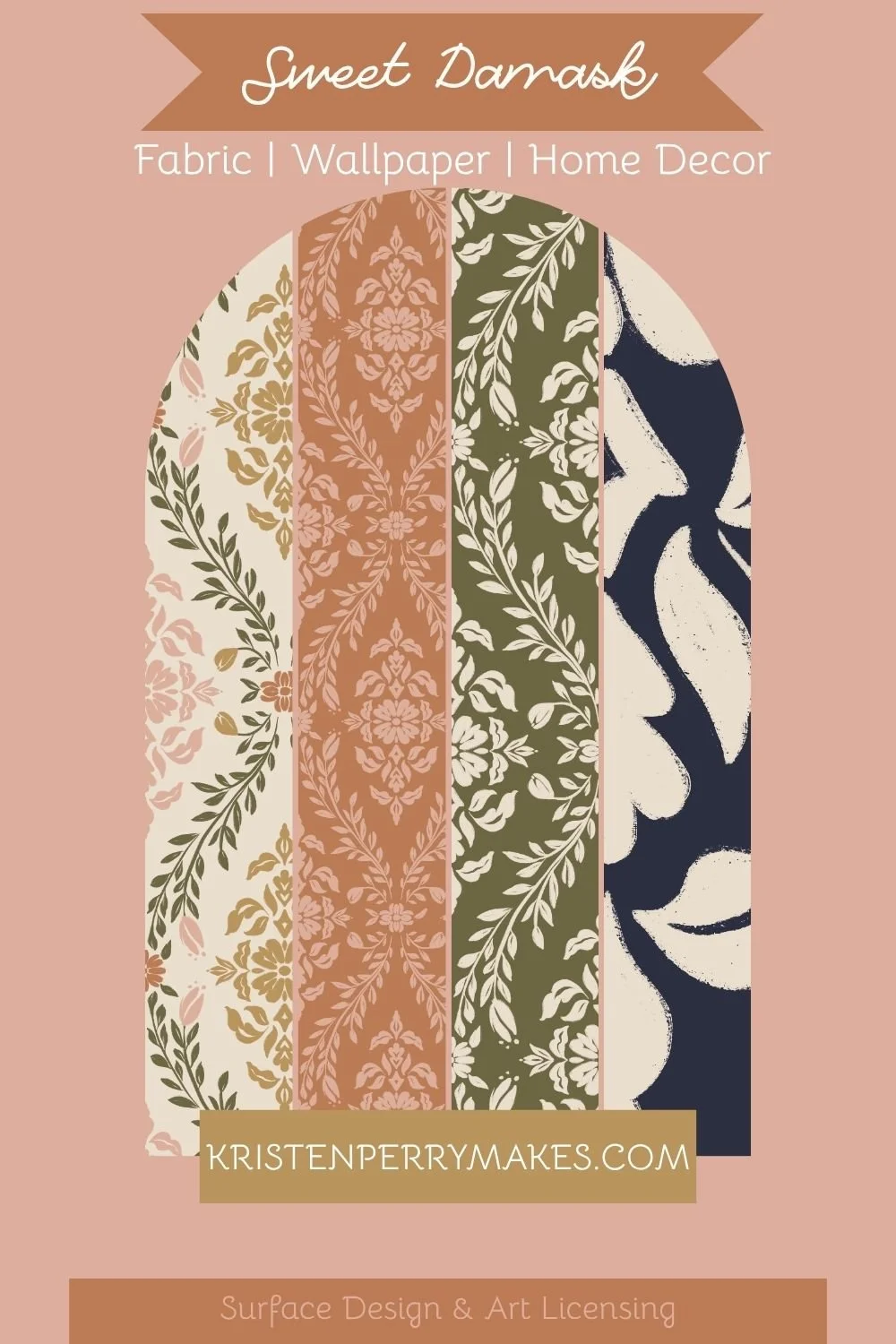 Design poster with floral damask patterns on fabric strips in rose, sand, terracotta, olive, and navy, with text promoting Sweet Damask fabric, wallpaper, and home decor, with website kristenperrymakes.com noted for surface design and art licensing.