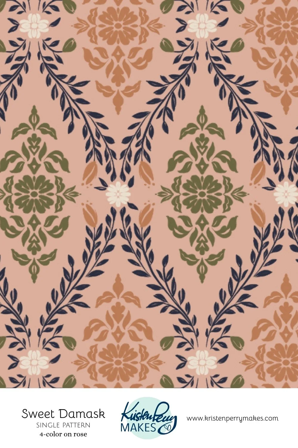 A sample of a repeating pattern called Sweet Damask with a pink background, featuring stylized green, cream, and navy blue floral motifs and leaves arranged in a symmetrical design.