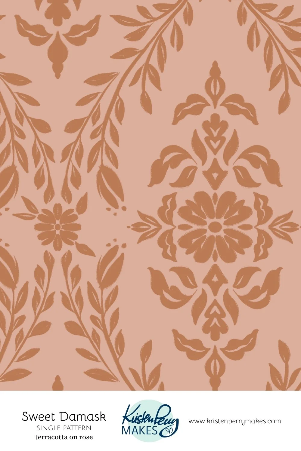 A beige and pink floral damask pattern design with stylized tulips, leaves, and ornate motifs, titled 'Sweet Damask' by "Kristen Perry makes"