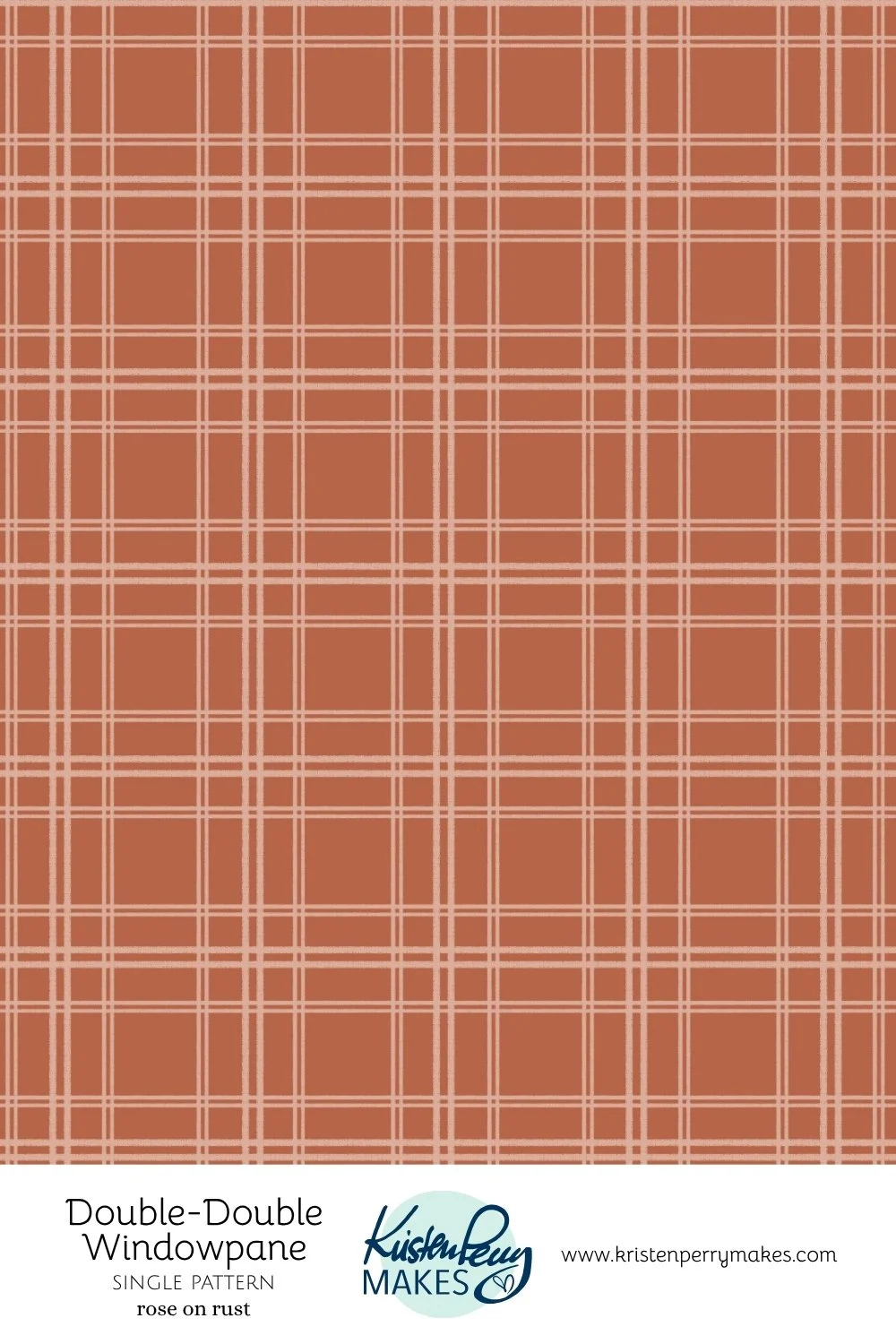 A rust-colored fabric with a double windowpane plaid pattern in light pink lines.
