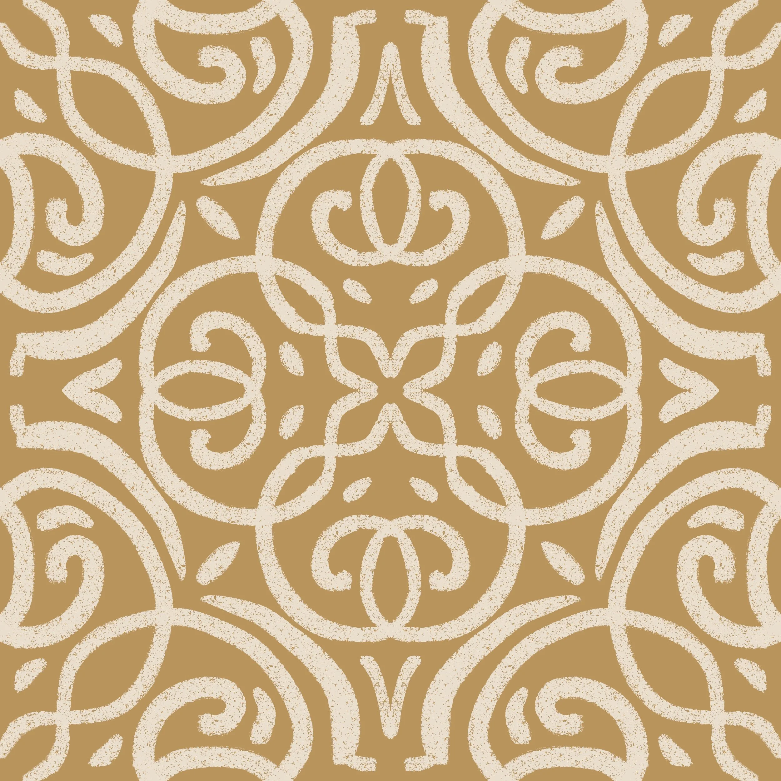 A decorative pattern of ivory-colored swirls and curls on a light brown background.